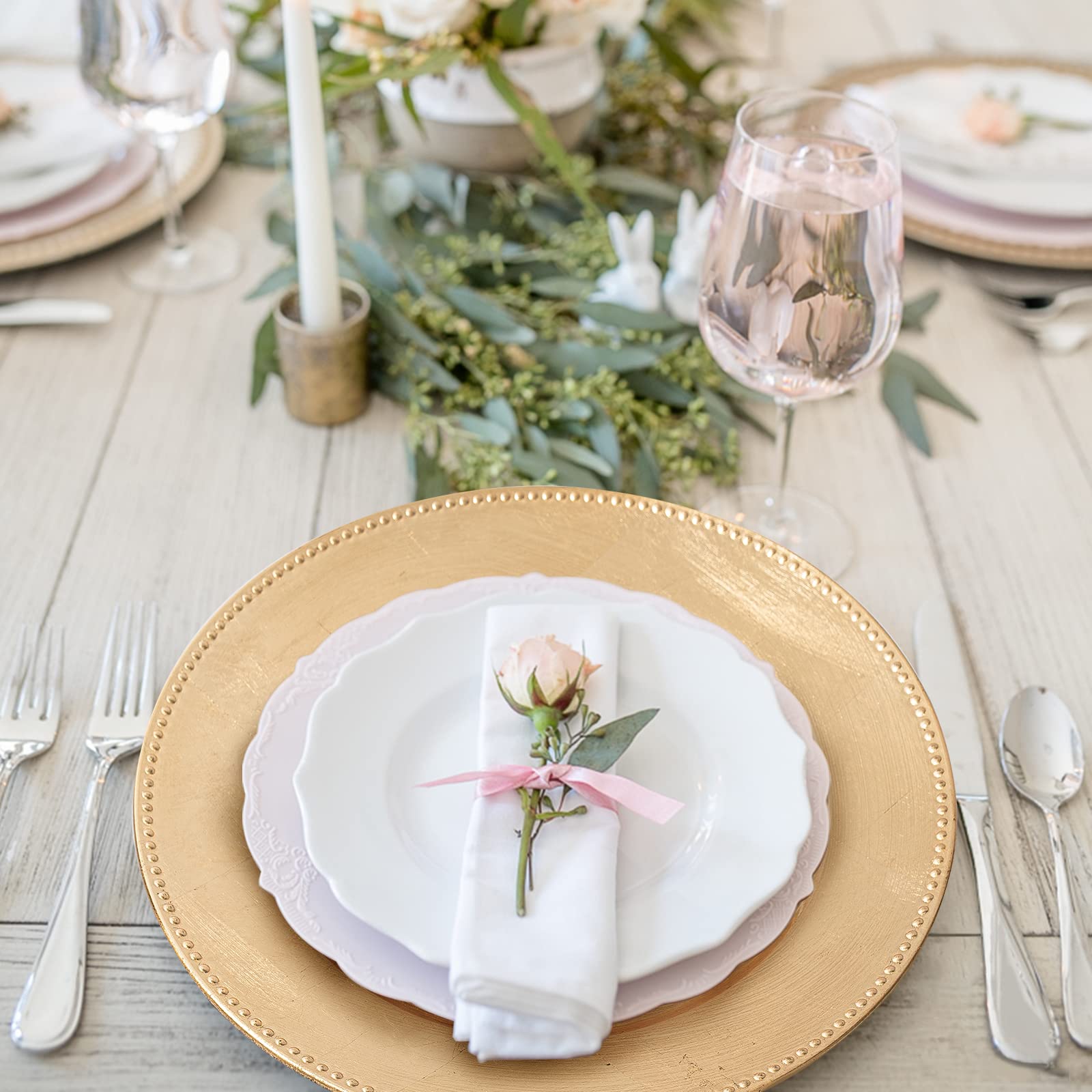 Maoname Foil Gold Charger Plates With Beaded, 13'' Plate Chargers For Dinner Plate, Plastic Round Chargers For Table Setting, Se