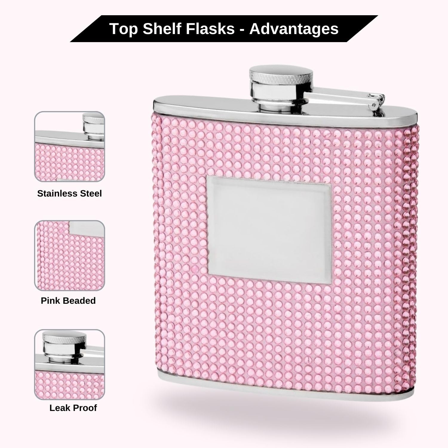 Hip Flask Holding 6 Oz - Beaded Rhinestone Design - Pocket Size Stainless Steel Rustproof Screw-On Cap