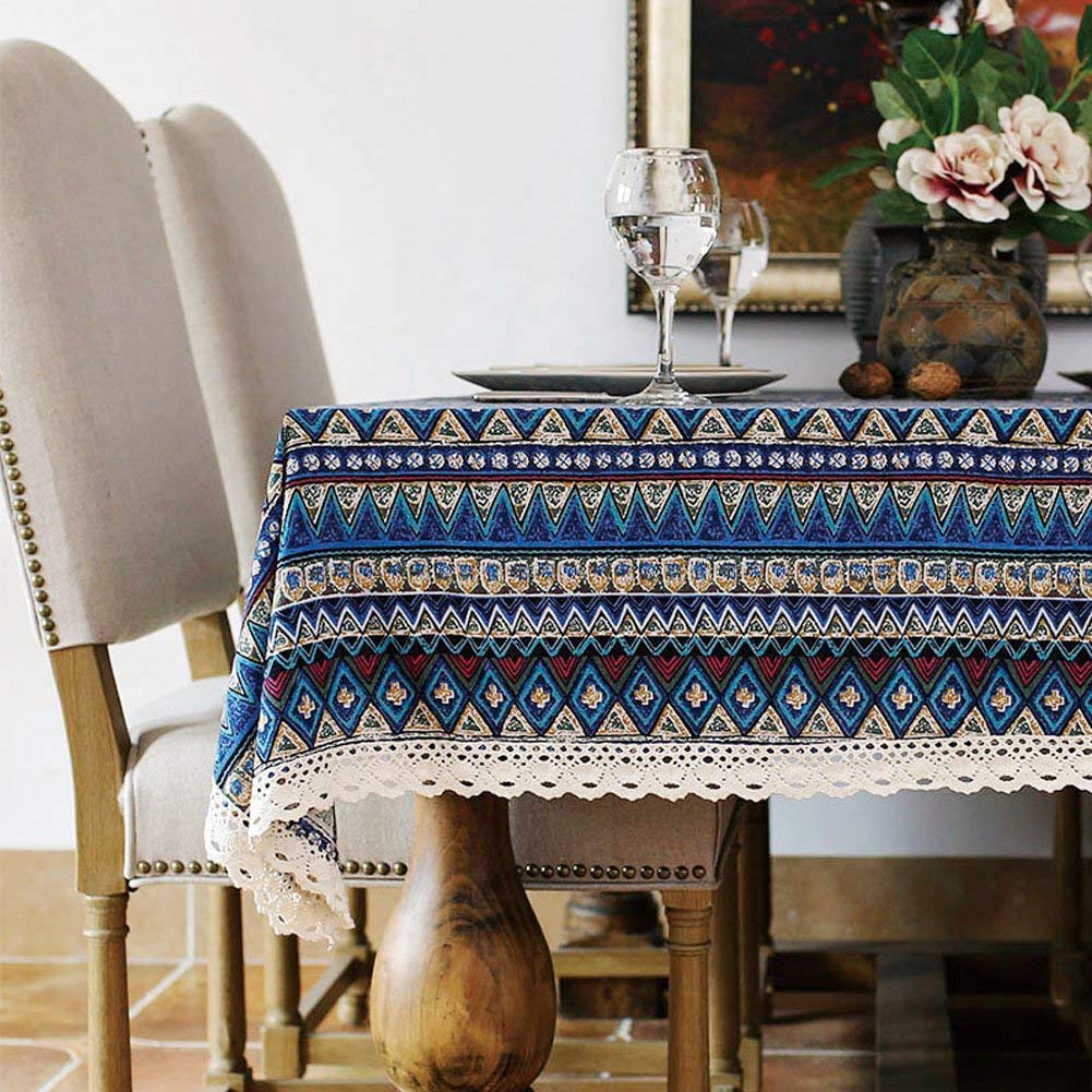 Bringsine Washable Cotton Linen Lace Bohemian Style Geometric Design Square Tablecloth Dinner Picnic Table Cloth Home Decoration
