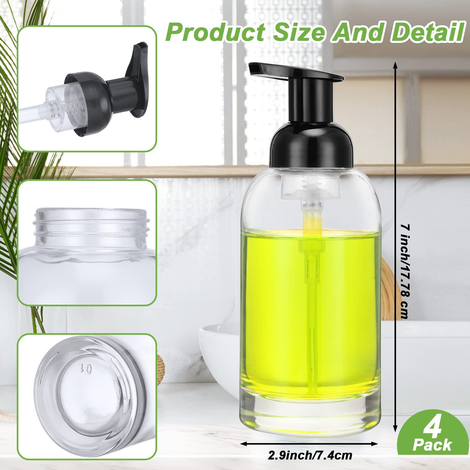 Eccliy 4 Pack 13 Oz Clear Glass Jar Soap Dispenser With Foaming Pump, Clear Thick Hand Liquid Dish Soap Dispenser Round Bottles