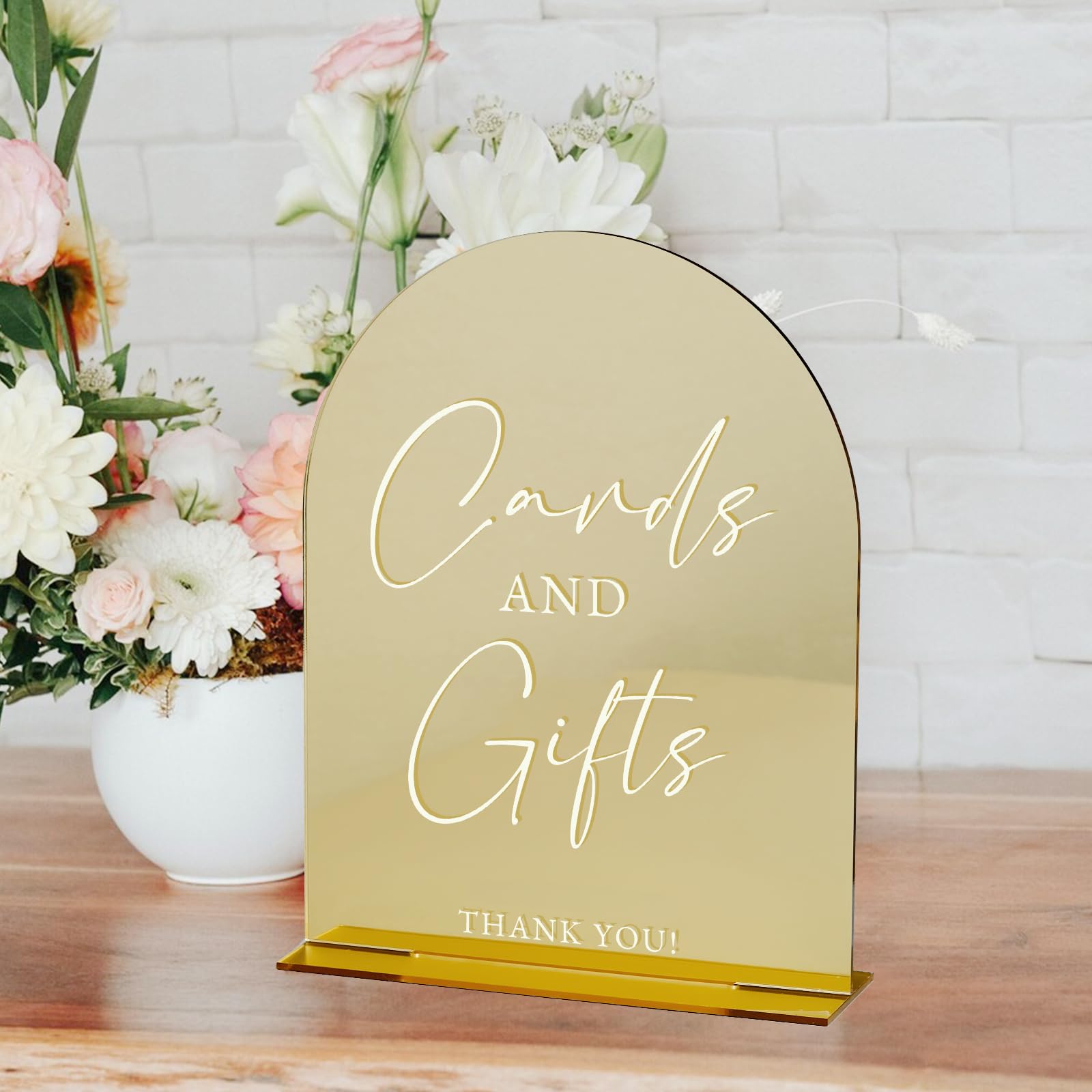Cards and Gifts Sign with Stand- 8x10 Gold Mirror Acrylic Wedding Sign and Base,1/8 Thick | Modern Calligraphy White Lettering A