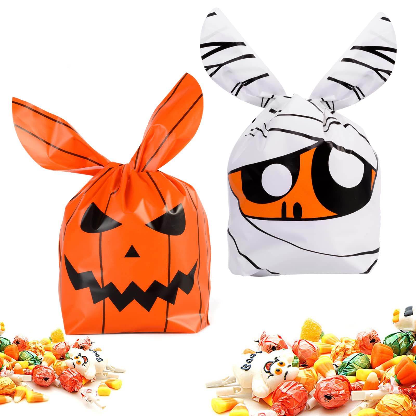 100Pcs Halloween Treat Bags: Halloween Candy Bags, Kids Trick Or Treat Bags Goodie Bags, Cute Rabbit Ear Small Halloween Cookies