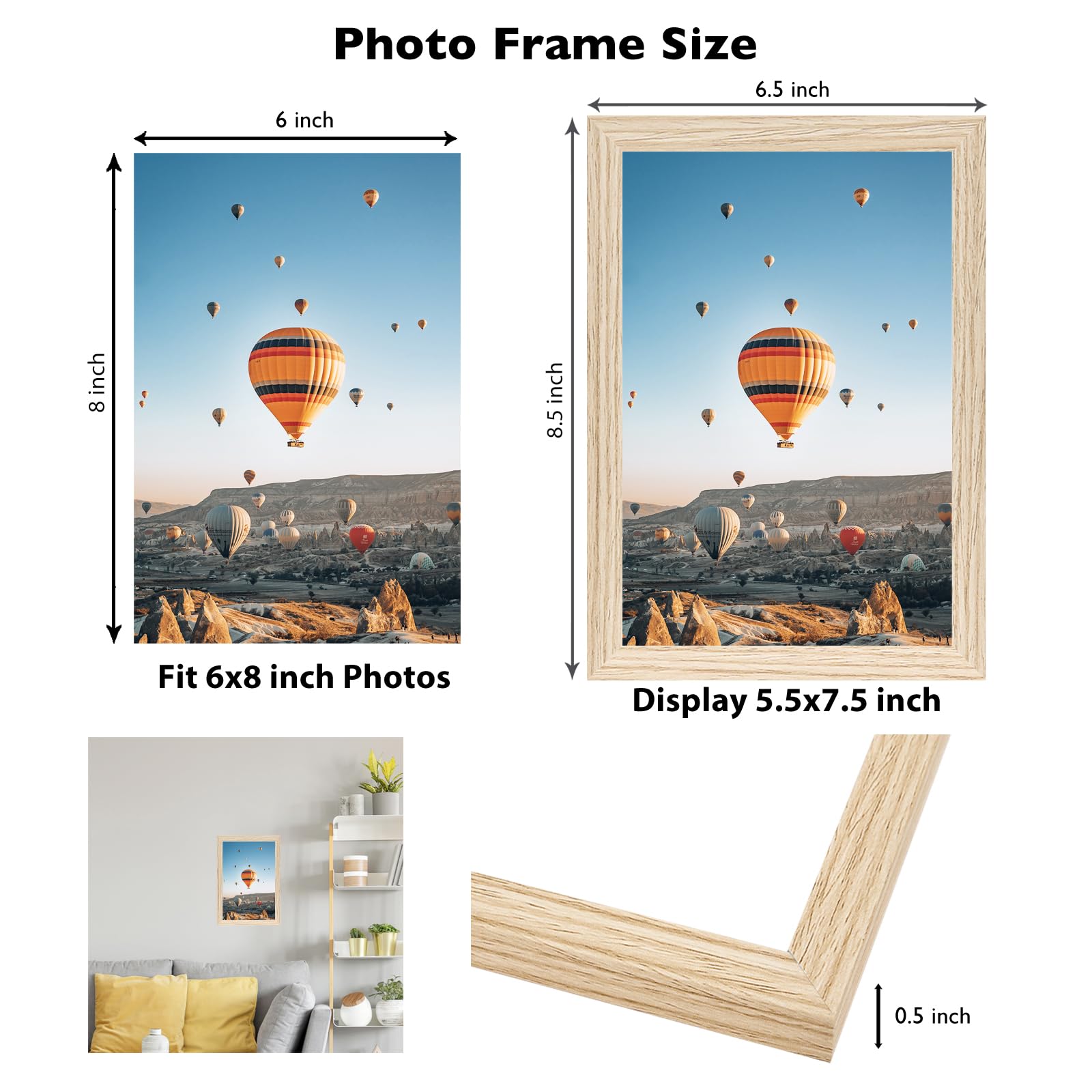 JCJMY 6x8 Picture Frame for Wall Hanging or Tabletop, Wall Mounting Horizontally or Vertically, 6 x 8 Wall Gallery Poster Photo