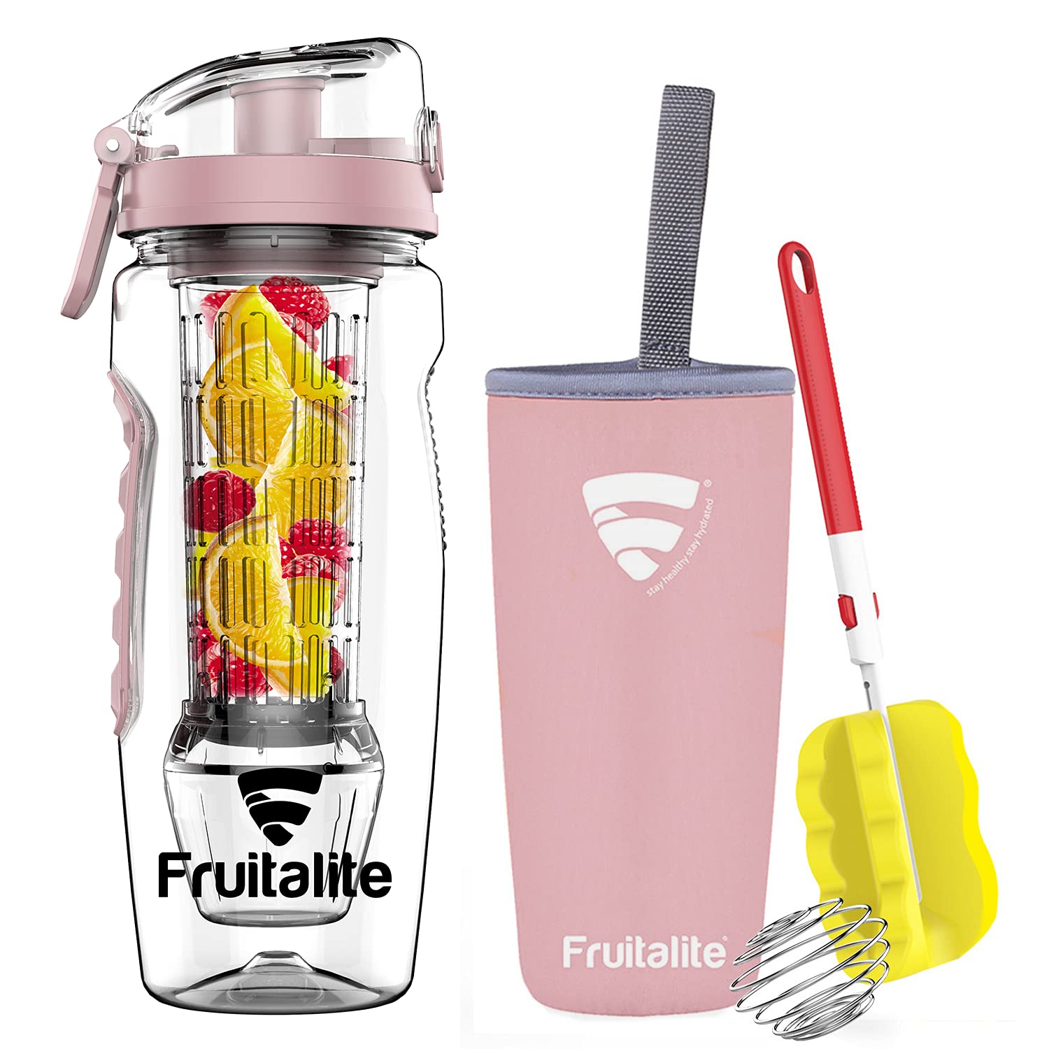 Fruitalite Fruit Infuser Water Bottle- 1 Litre, Tritan Infusion Rod With Ice Gel Ball, Carry Cover Sleeve, Infused Detox Recipes