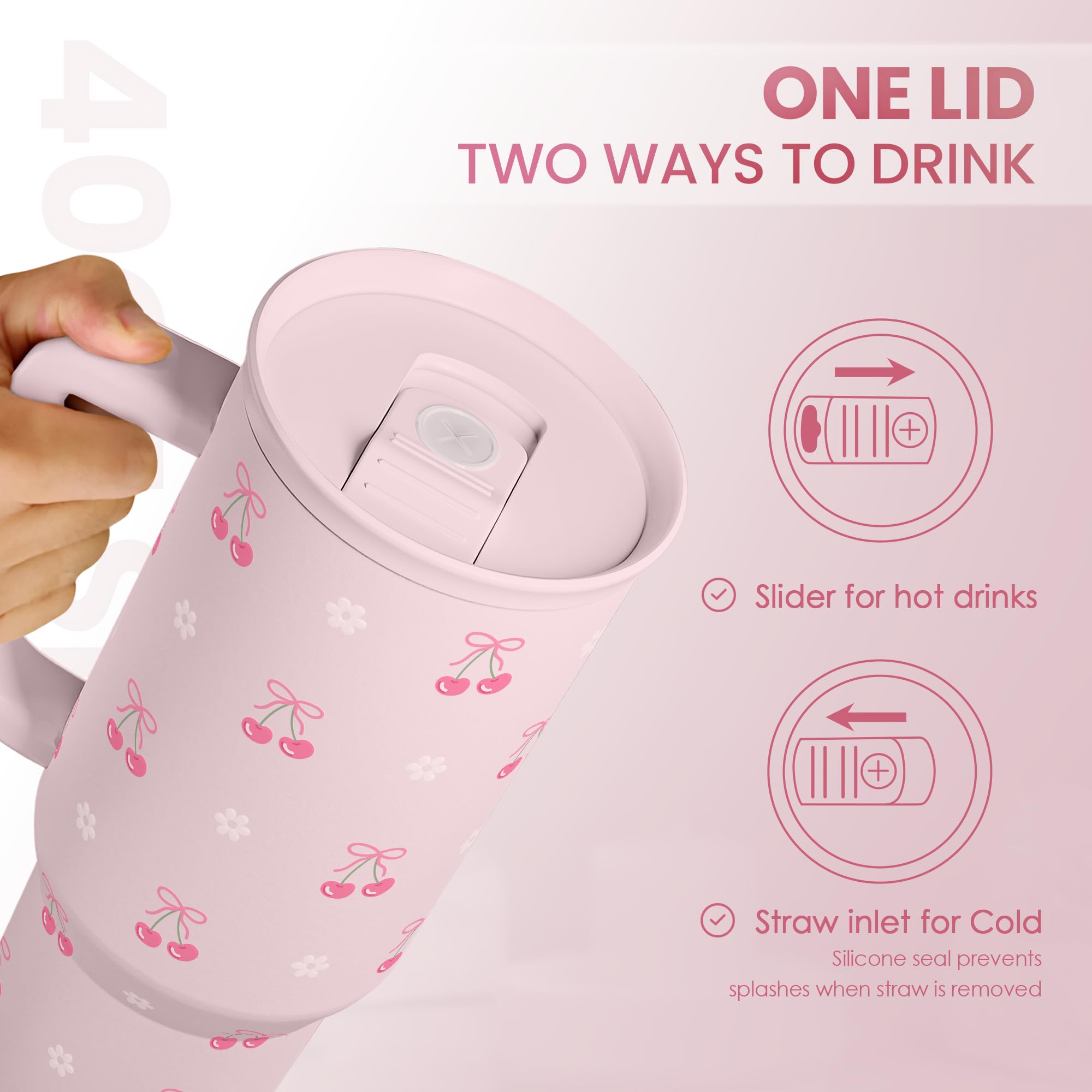 Cherry 40oz Slider Tumbler with Handle and Straw - Insulated Stainless Steel Travel Coffee Mug for Women Girls, Gift for Birthda