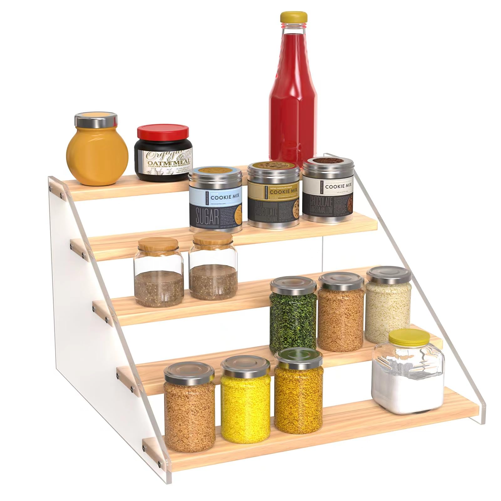 VAEHOLD Spice Rack Organizer for Cabinet & Countertop - Seasoning Organizer Spice Shelf - Space Saving Wooden Display Risers She