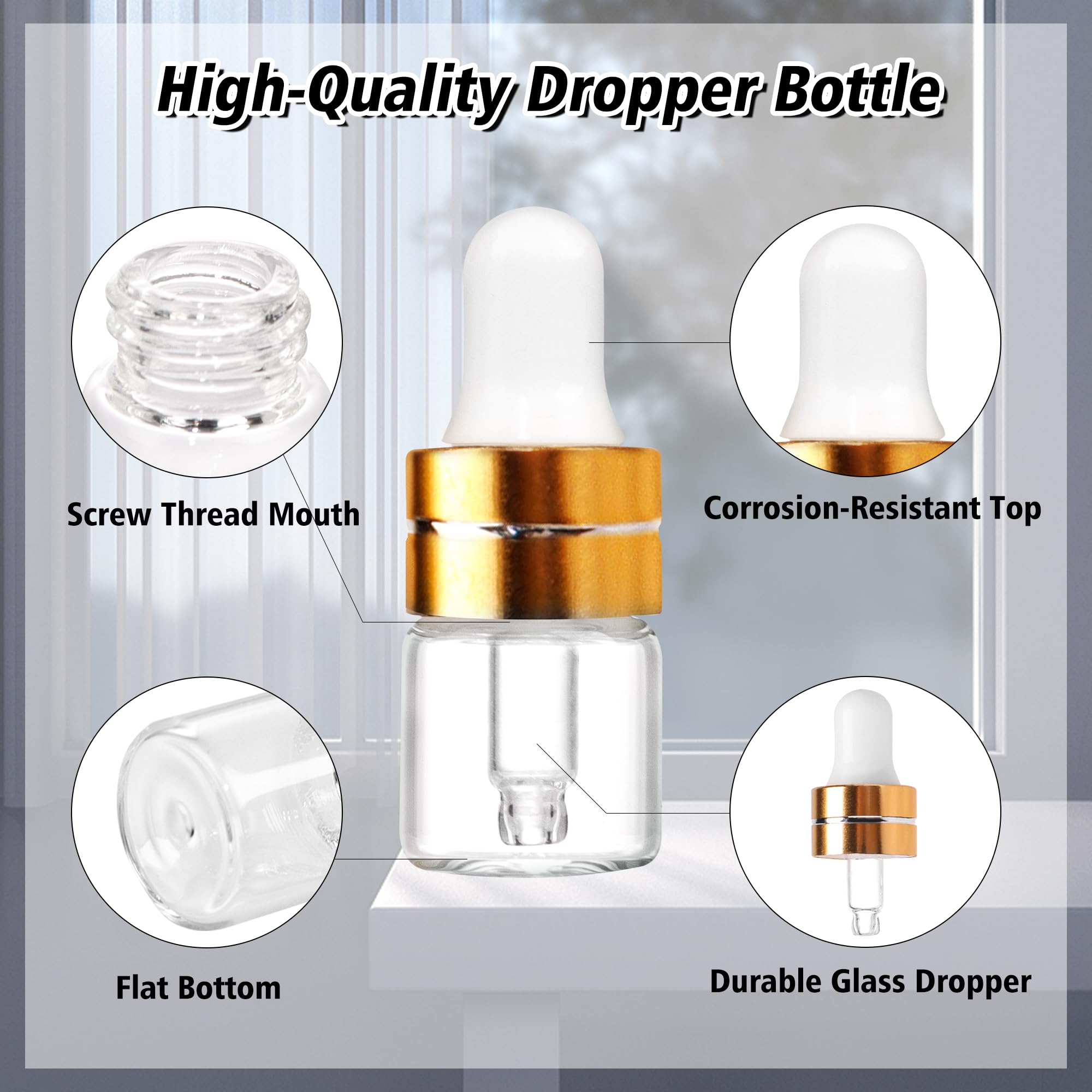 Comrzor 50 Pack 1Ml Clear Glass Dropper Bottles With 2 Pcs Plastic Droppers, Mini Sample Dropper Bottles For Essential Oils Perf