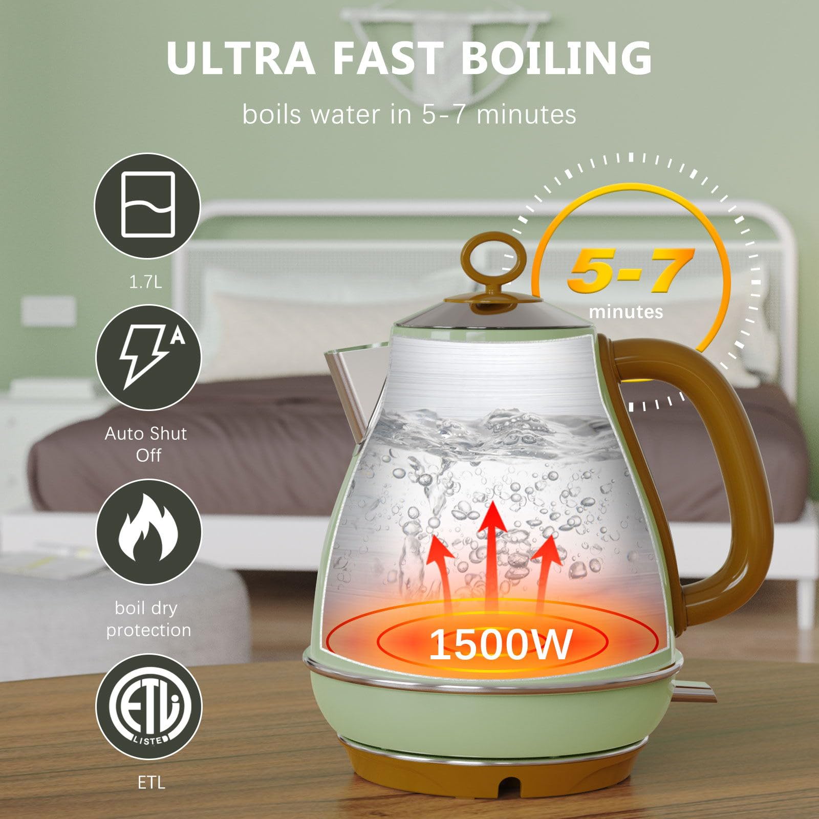 Evoloop 1.7L Electric Kettles, Bpa Free Tea Kettle, Hot Water Boiler Heater, Stainless Steel Teapot, Auto Shut-Off & Boil-Dry Pr