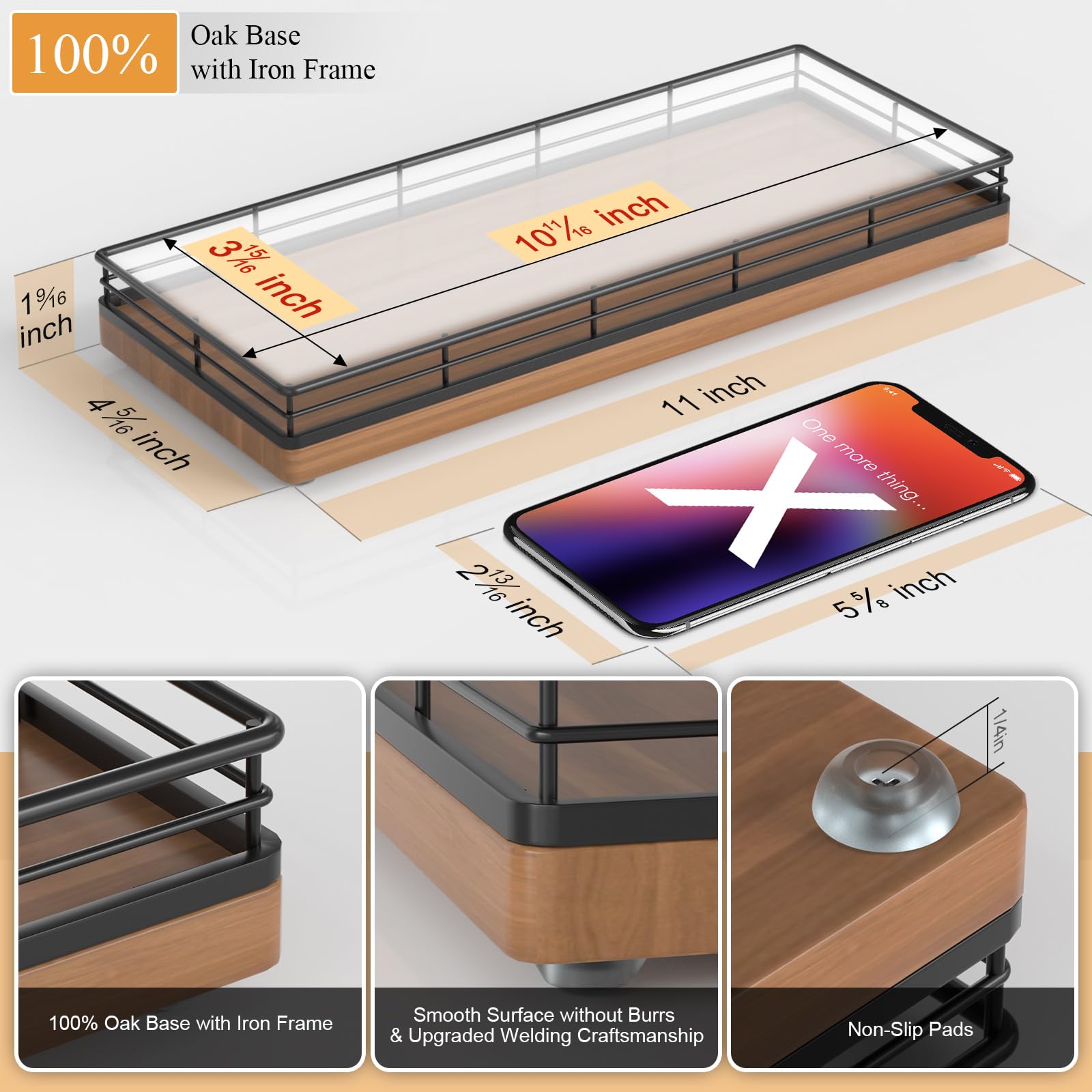 Oak Wooden Kitchen Soap Tray, 11'' Sink Countertop Soap Dispenser Sponge Holder, Spice Salt And Pepper Organizer For Dining Room