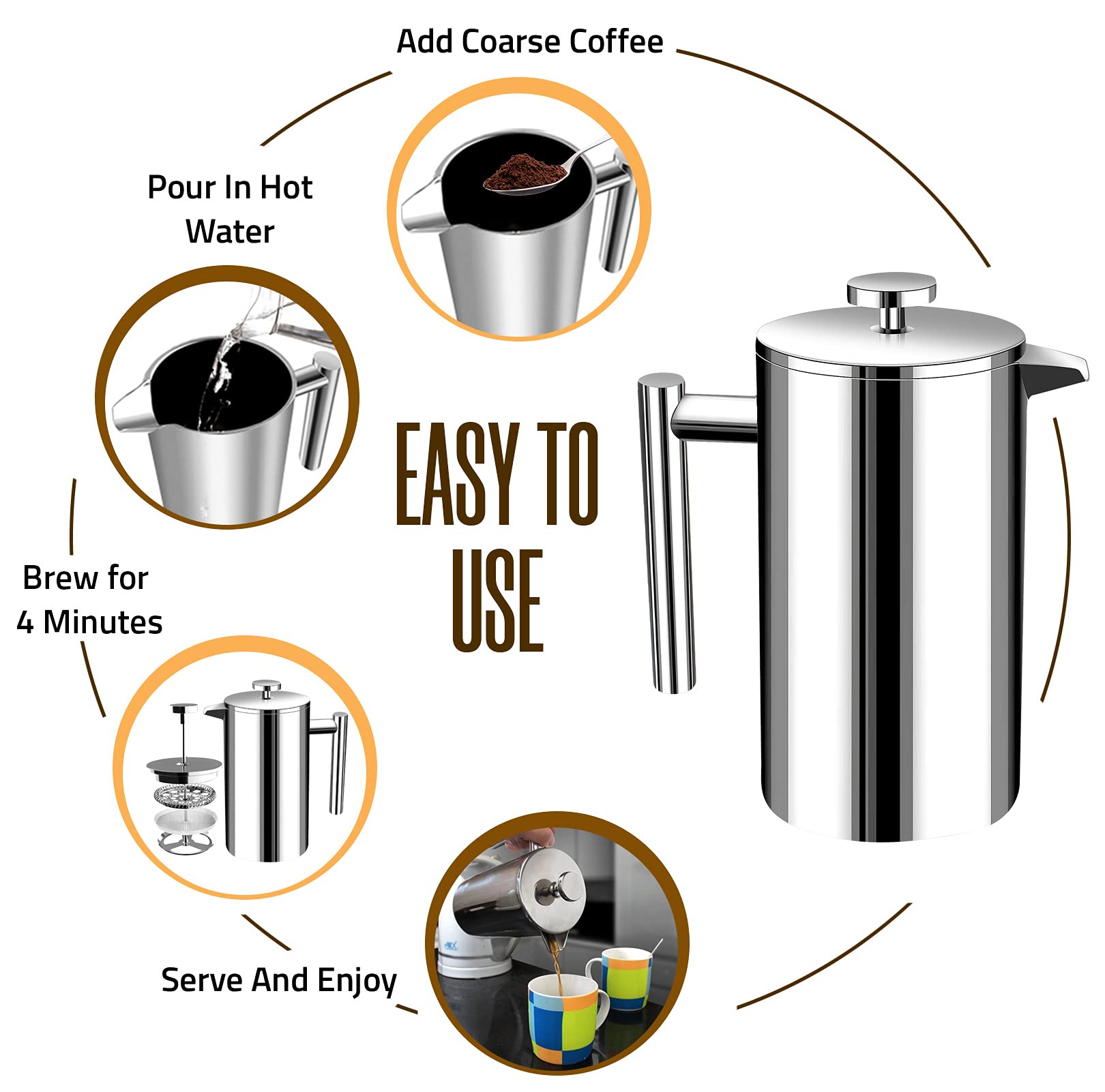 Utopia Kitchen Stainless Steel French Press Coffee Maker, 12 Oz, Silver - Portable Tea Maker for Camping & Cold Brew