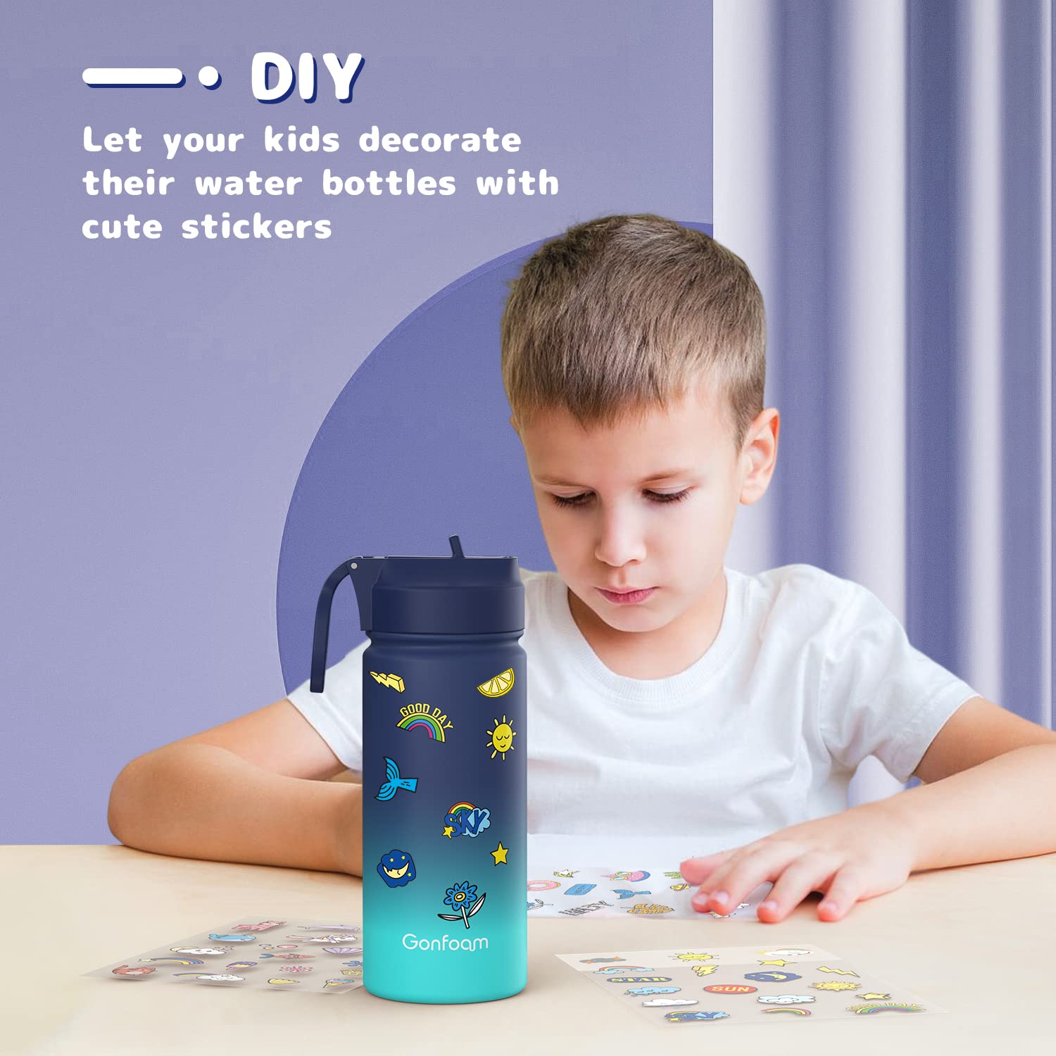 Kids Water Bottle, 16Oz Water Bottles Kids With Straw And Stickers, Stainless Steel Vacuum Double Wall Insulated Cup, Kids Water