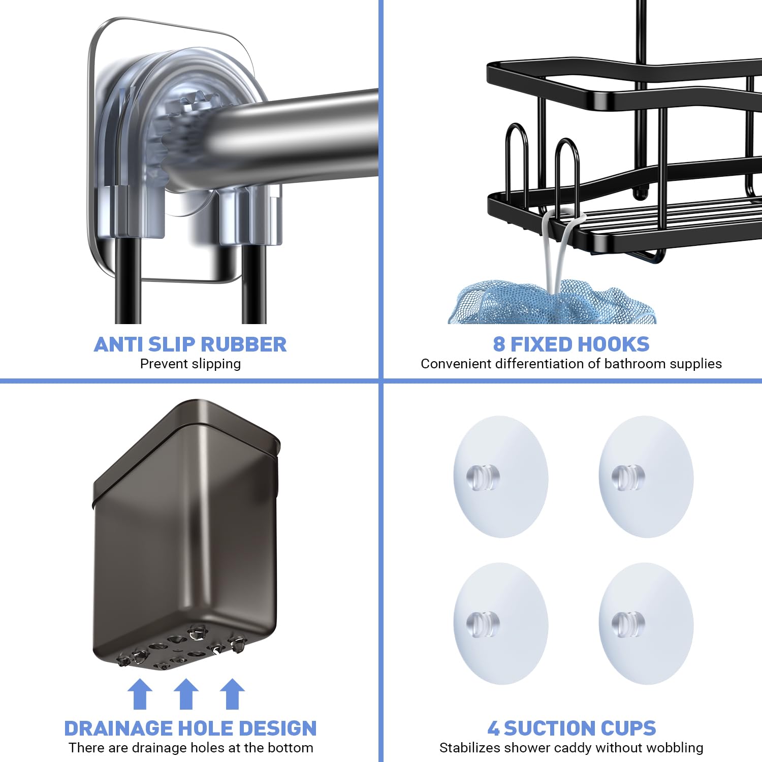 Aitatty Shower Caddy Shelf Organizer Rack: Self Adhesive Black Bathroom Shelves - Rustproof No-Drilling Stainless Steel Shower S