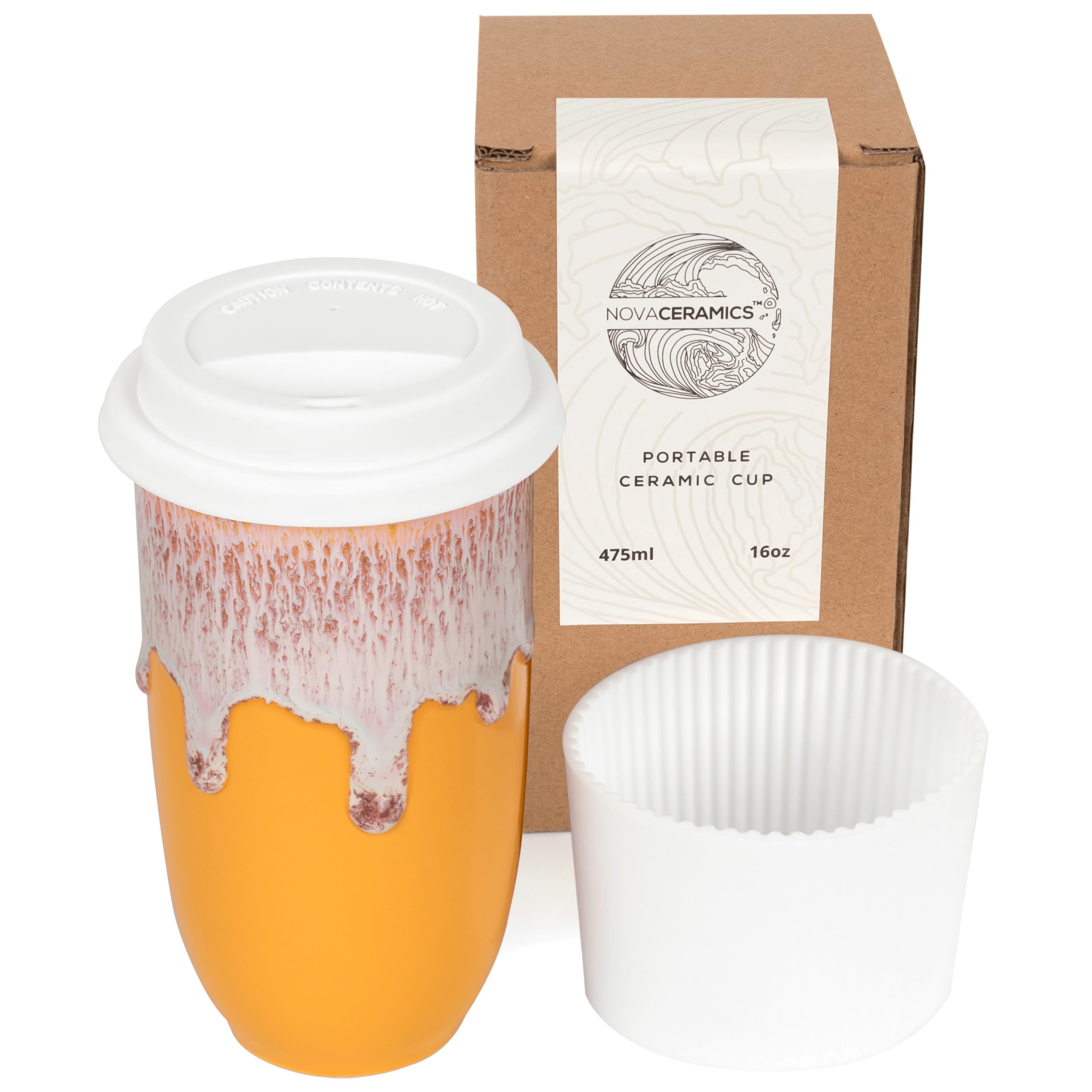 NOVA CERAMICS Ceramic Tumbler- Ceramic Travel Mug With Lid - Microwave & Dishwasher Safe Coffee White & Orange Tumbler - Gifts F