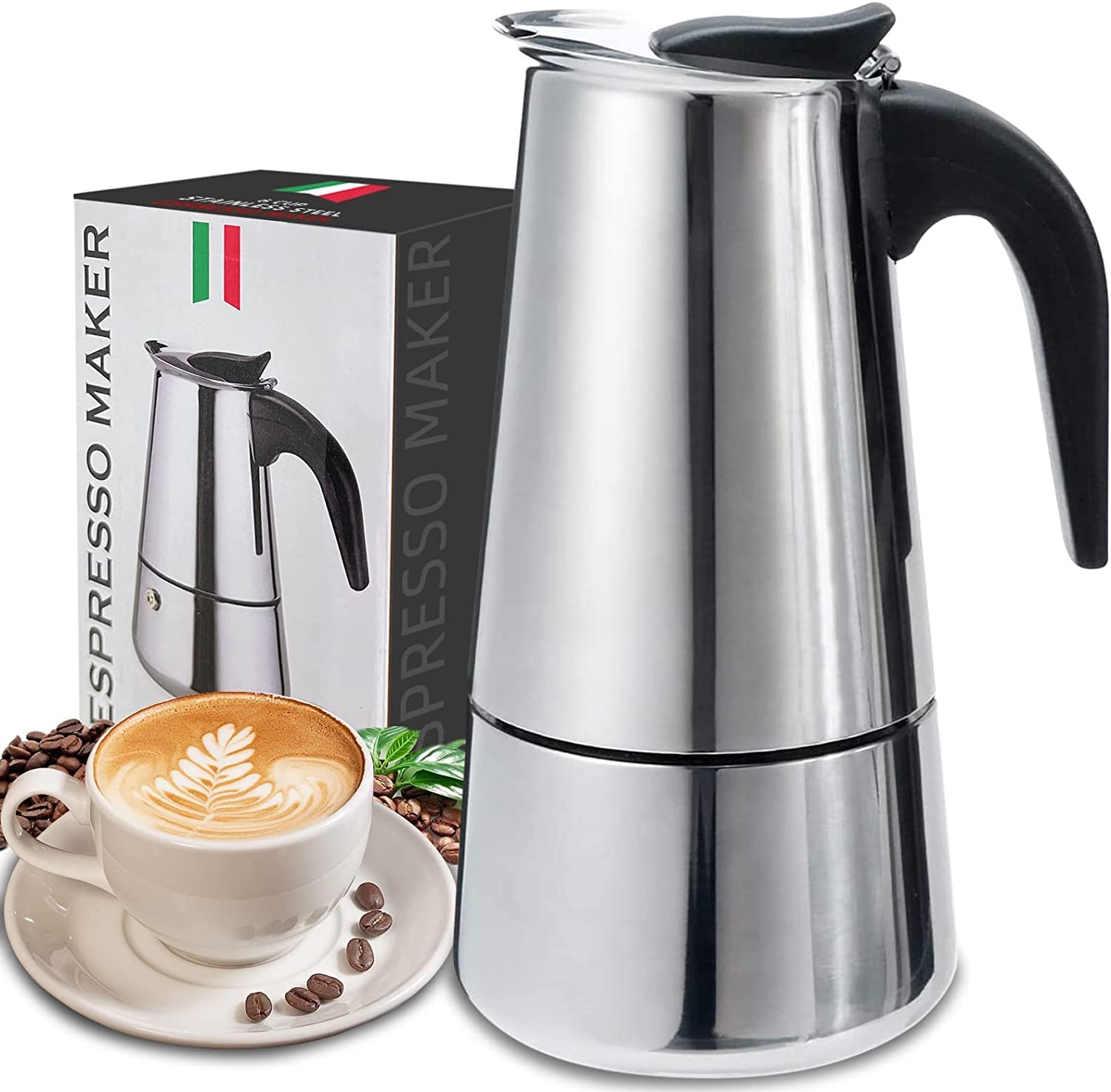 Coffee Pot, Stainless Steel Moka Pot Italian Coffee Maker 9 Cup/15 Oz Stovetop Espresso Maker For Gas Or Electric Ceramic Stovet