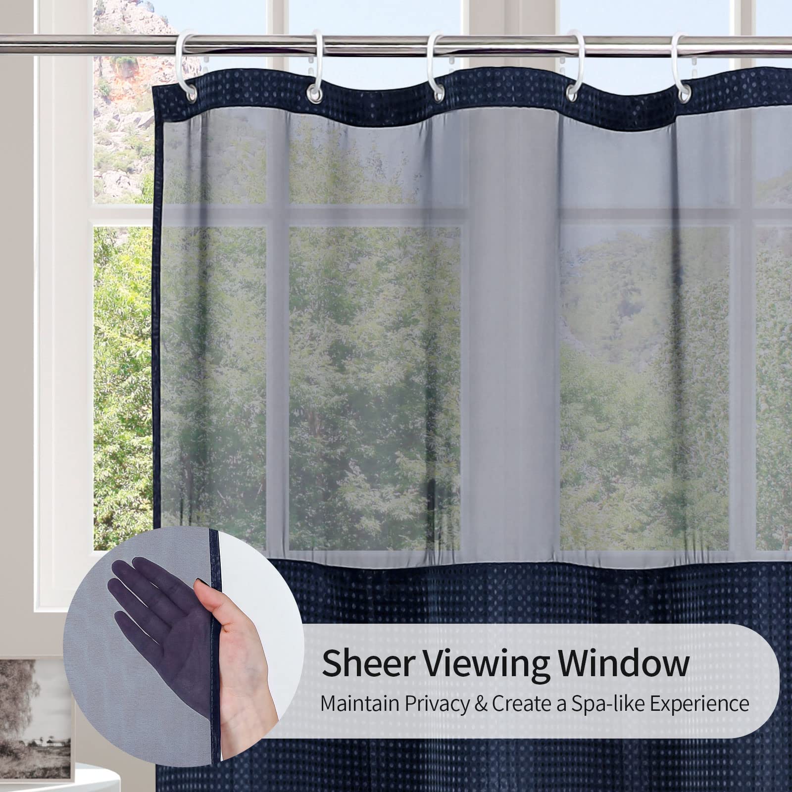 MitoVilla Long Shower Curtain 72 x 78  Navy Blue Waffle Fabric Shower Curtain Set with Snap-in Liner  78 inches Long Cloth Mesh Top Window Shower Curtain for Hotel Spa Bathroom Decor