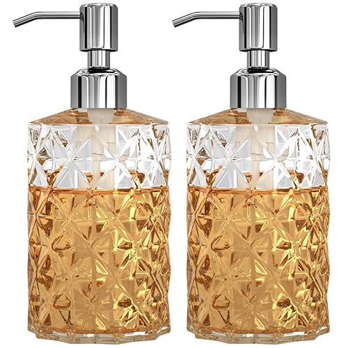 GLADPURE Soap Dispenser - 2 Pack  12 Oz Clear Diamond Design Glass Refillable Hand Soap Dispensers; with 304 Rust Proof Stainless Steel Pump  Lotion Dispensers for Kitchen  Bathroom