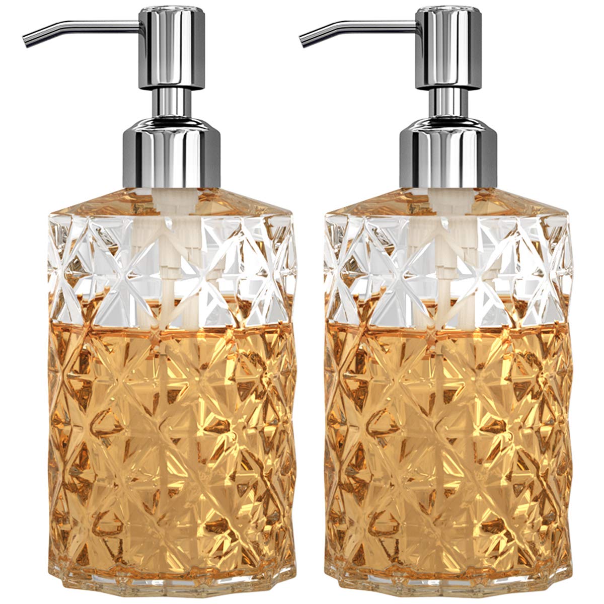 Gladpure Soap Dispenser - 2 Pack, 12 Oz Clear Diamond Design Glass Refillable Hand Soap Dispensers; With 304 Rust Proof Stainles