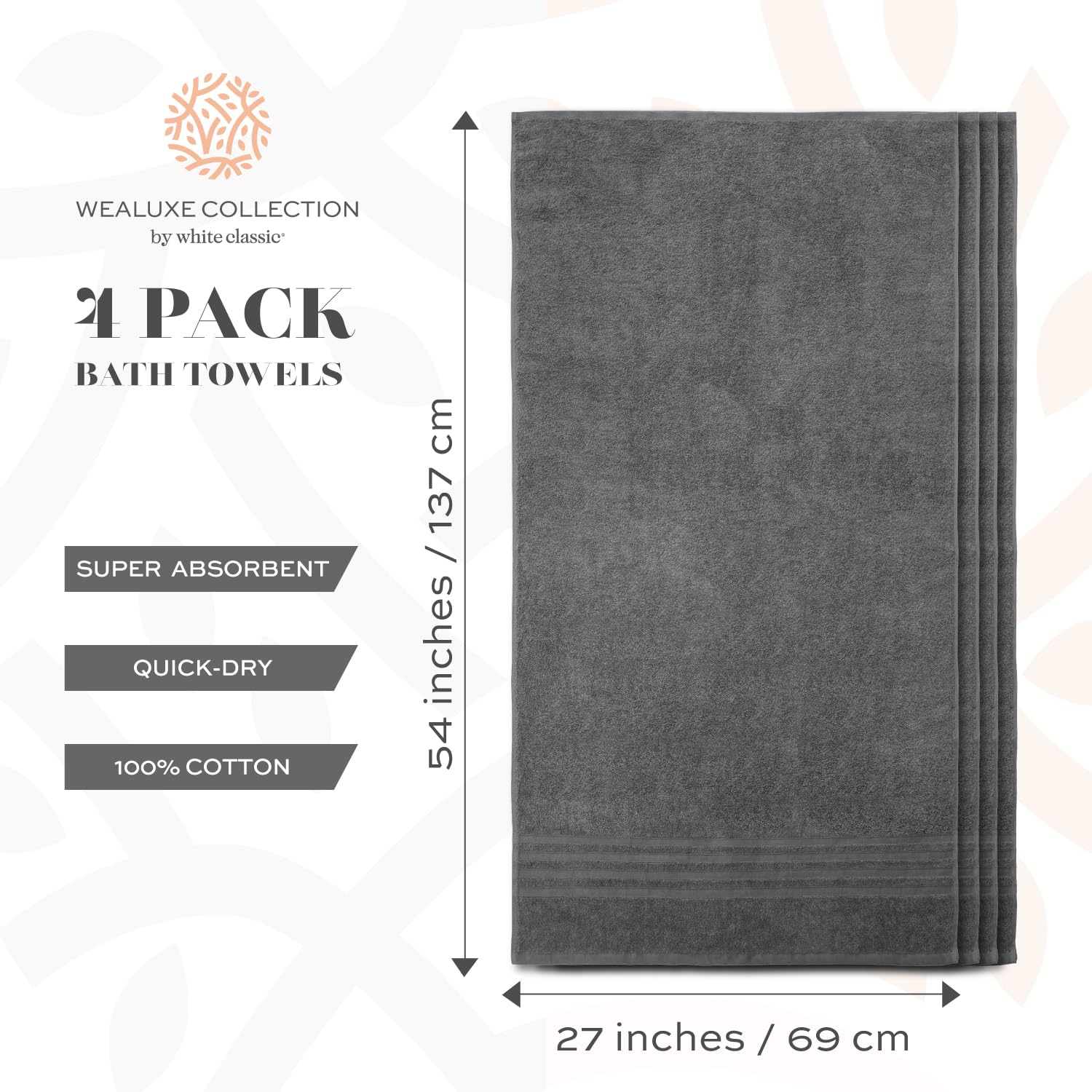 White Classic Wealuxe Grey Bath Towels Set Of 4, Cotton Body Towel For Hotel, Gym, Spa, Soft Extra Absorbent Quick Dry Towels Fo