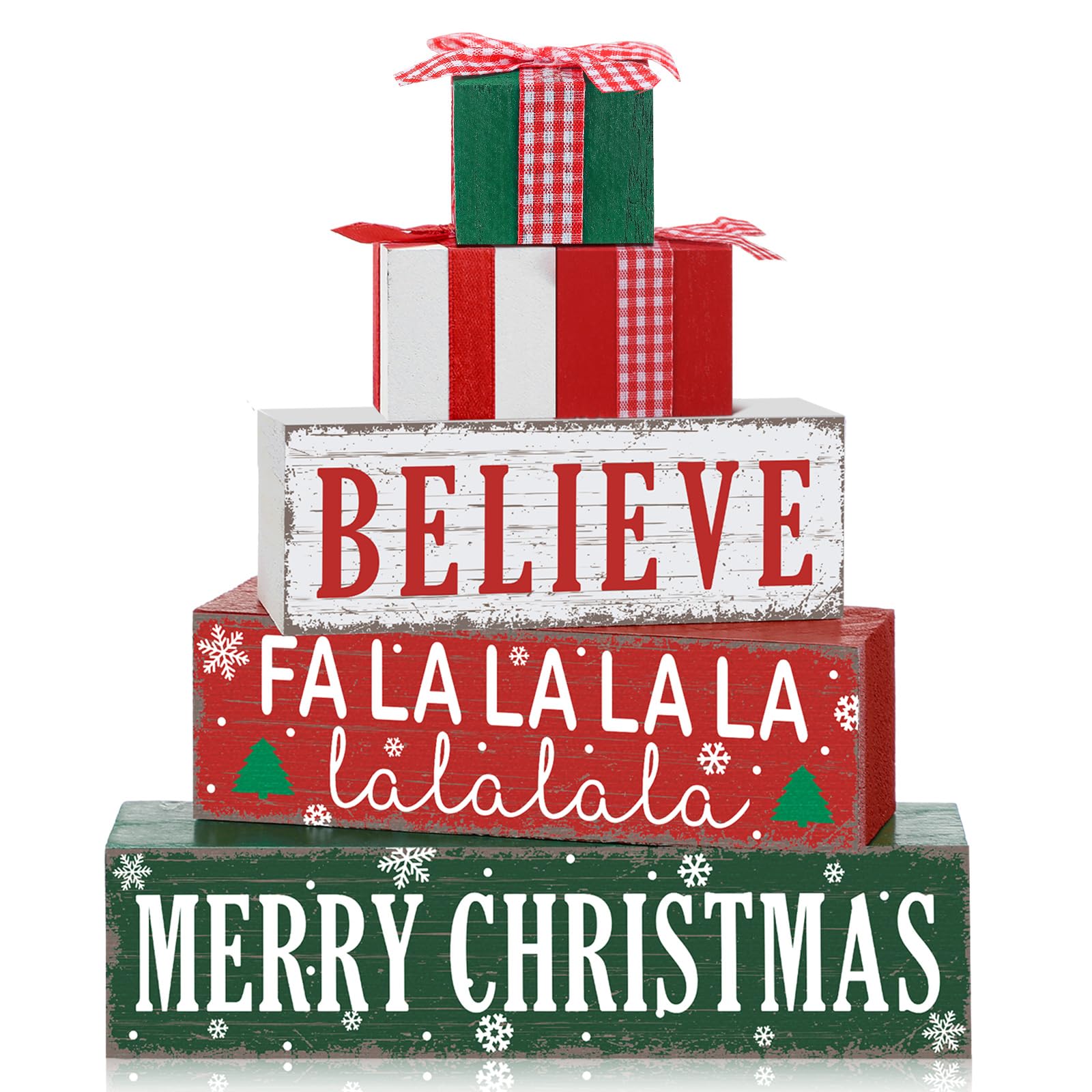 Geelin 4 Pieces Merry Christmas Wooden Table Decorations Xmas Wood Gift Boxes Decor Rustic Christmas Tiered Tray Decor Xmas Beli