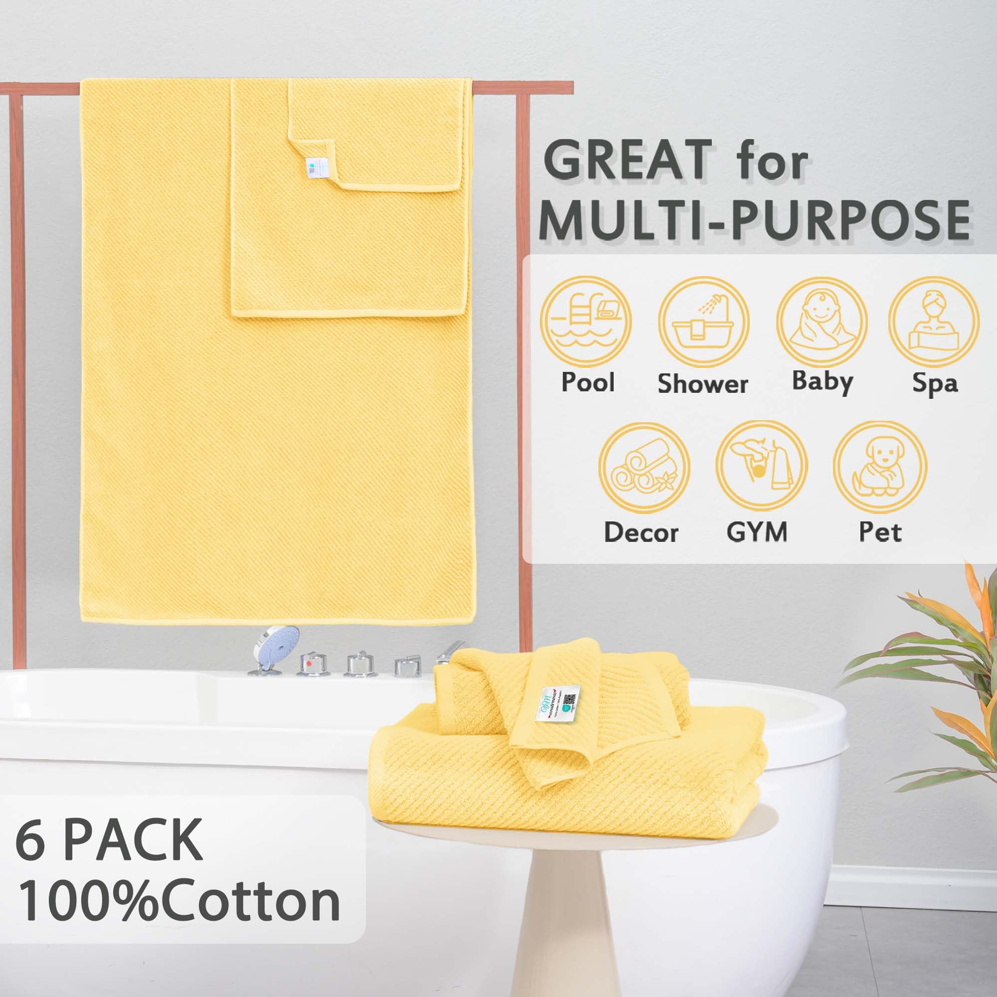 Yellow Towels For Bathroom - 100% Cotton | Quick Dry | Light Weight | Thick | Soft , 6 Piece Towel Set, 2 Large Bath Towels 30''