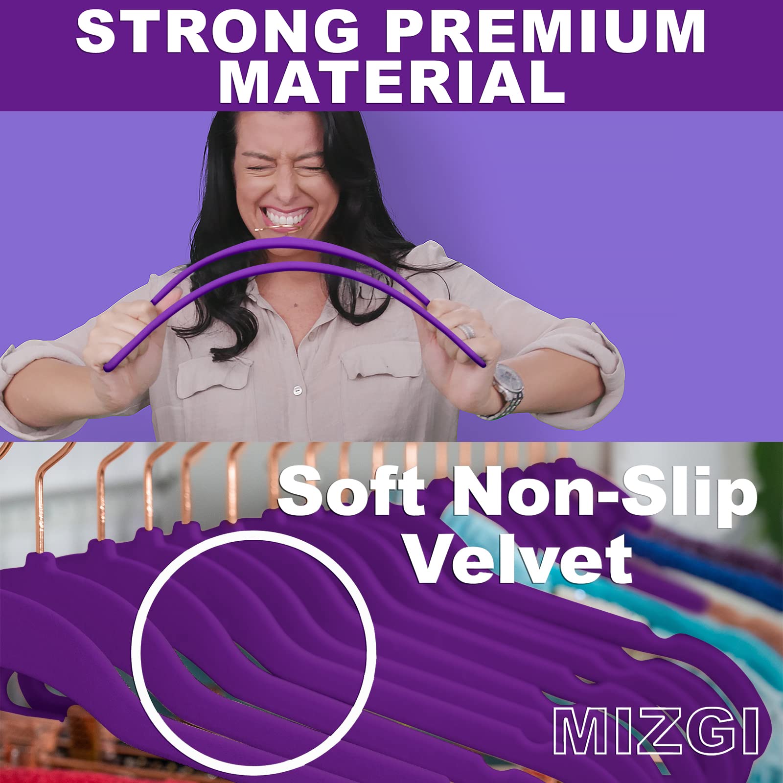 MIZGI Premium Velvet Hangers (50 Pack) Heavy Duty - Non Slip Felt Hangers - Velvet Suit Hangers Dark Purple - Rose Gold Hooks Space Saving Clothes Hangers