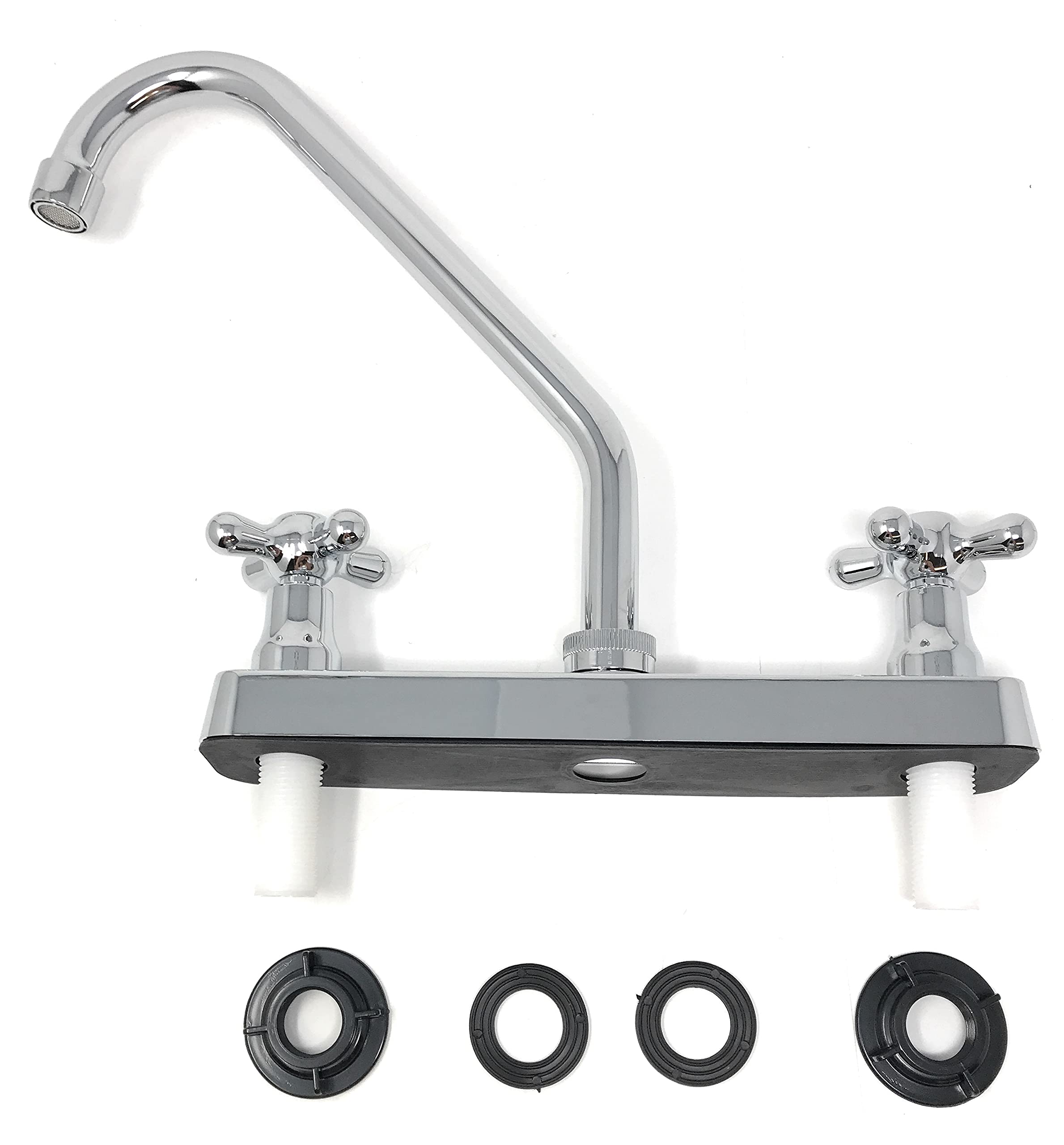 Chromed Surface 8'' Two Handle Tall Stainless Steel Spout Kitchen Faucet 8 Inch Center Hole [3015P] Ada No Lead, Plastic (Pom) B