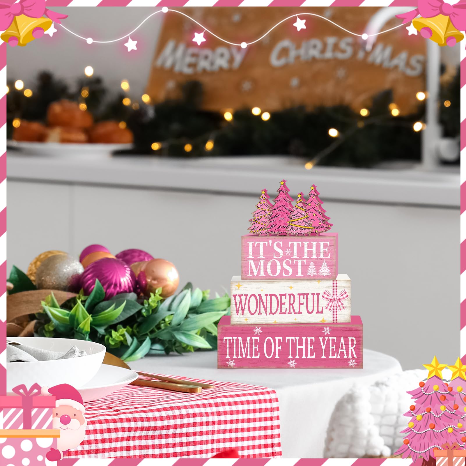 Britimes 4 Pcs Pink Christmas Table Decor Wooden Tiered Tray Sign, Farmhouse Rustic Holiday Decorative Book Stack Block Wonderfu