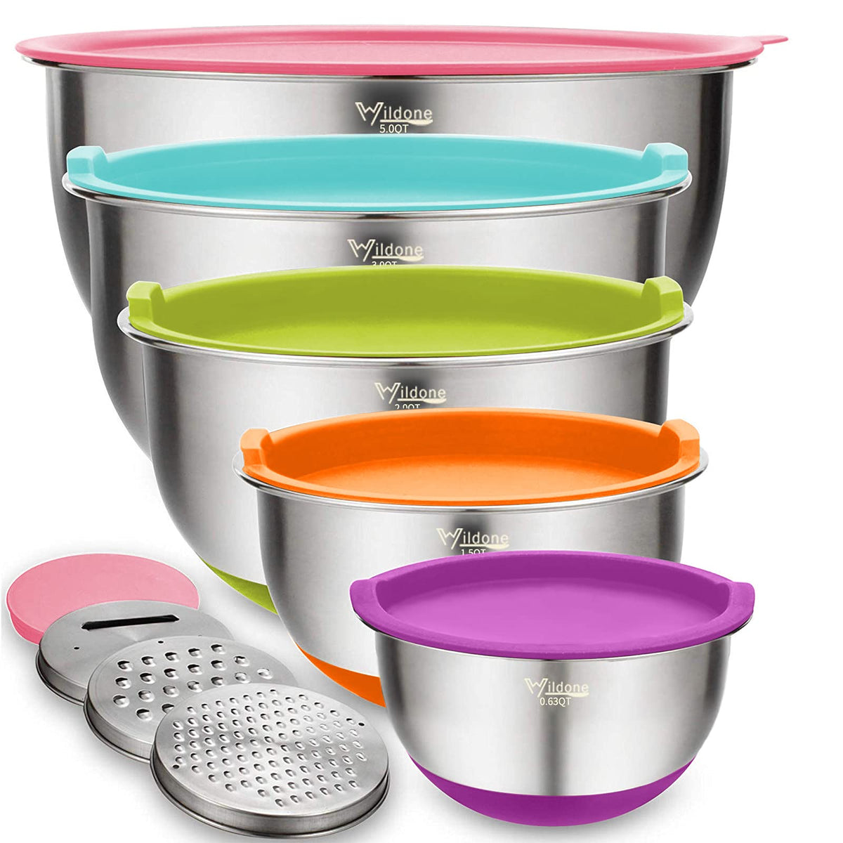 Wildone Mixing Bowls With Lids Set, 5Pcs Stainless Steel Colorful Nesting Bowls With 3 Grater Attachments, Measurement Marks & N