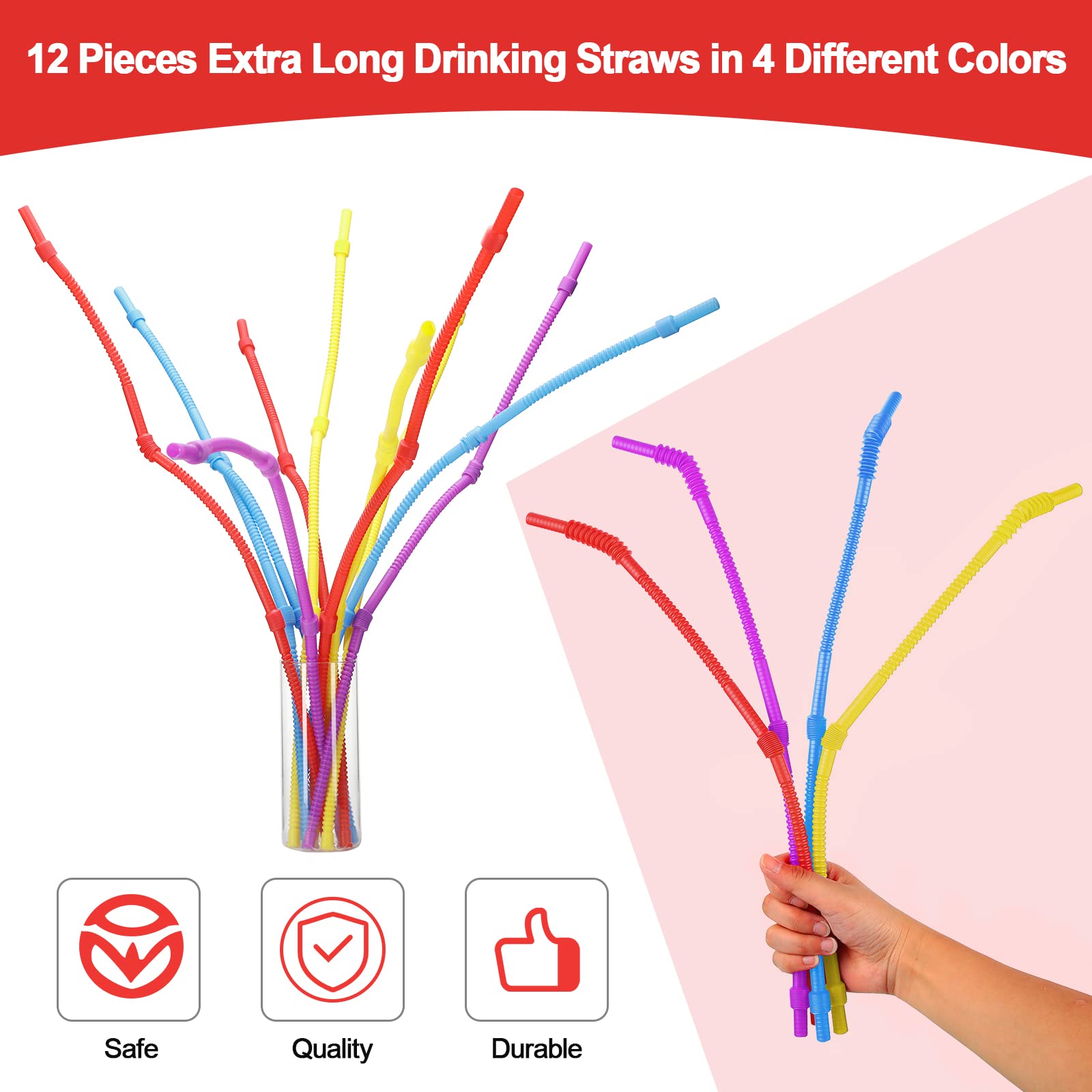 12 Pieces Flexible Drinking Straws Extra Long Plastic Straws for Camping Limited Mobility Situations Dishwasher (Red  Yellow  Blue  Purple  28 Inches)