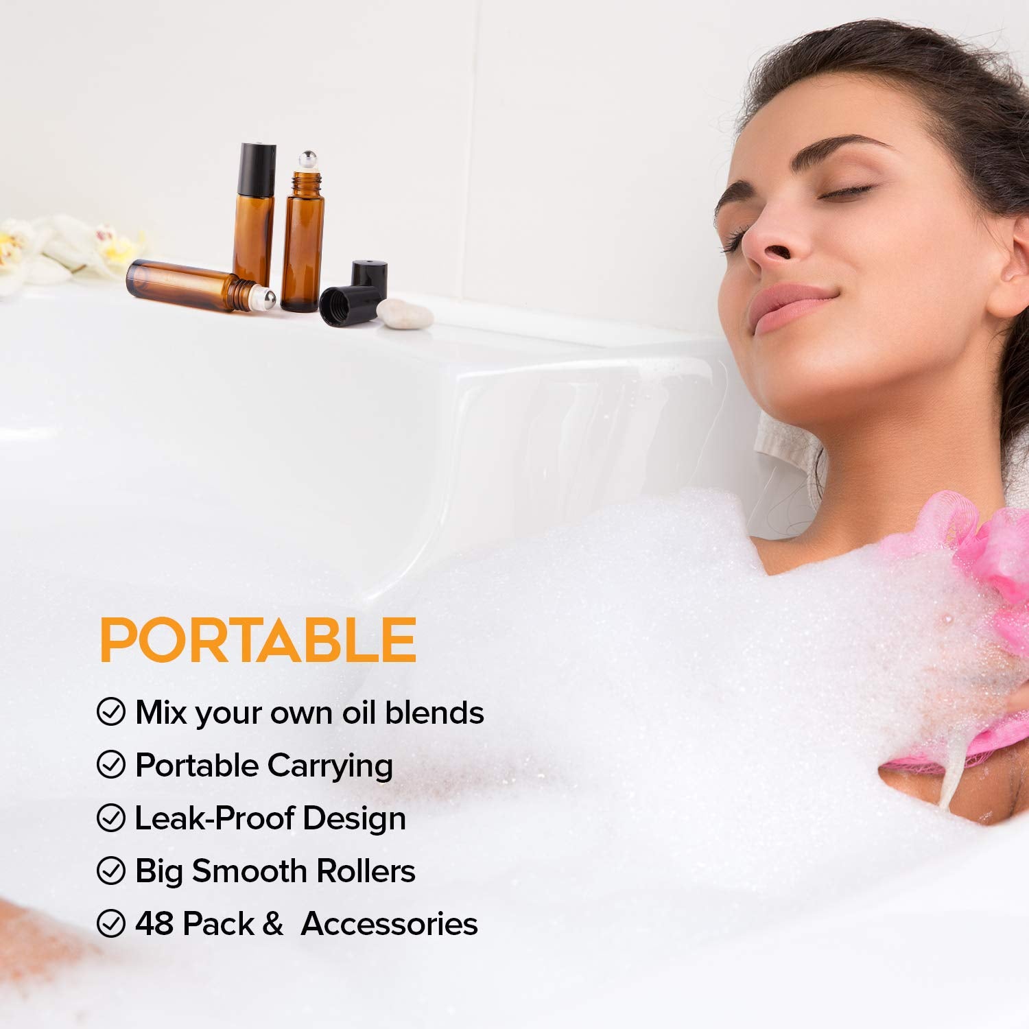 Essential Oil Roller Bottles  48 Pack Hoa Kinh 10ml Empty Glass Amber Roller Bottles UV Protection with Stainless Steel Balls (10ml-48pack)