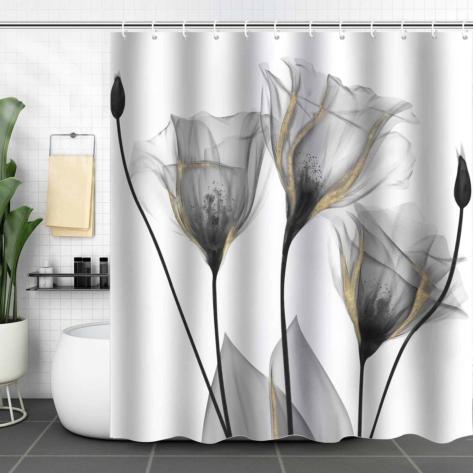 Zchomi Grey Floral Shower Curtain Watercolor Tulip Flower Shower Curtain For Bathroom Waterproof Polyester Fabric Bathroom Curta