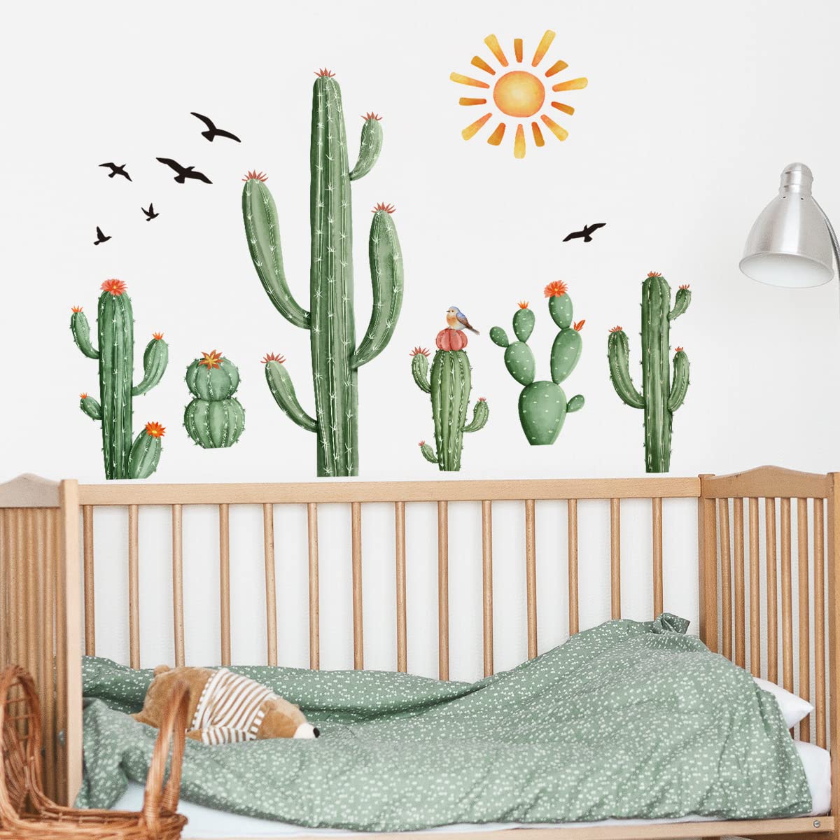 Mirabuy Boho Cactus Wall Decals Boho Sun Wall Stickers Tropical Cacti Green Plants With Birds Wall Decals For Living Room, Bedro