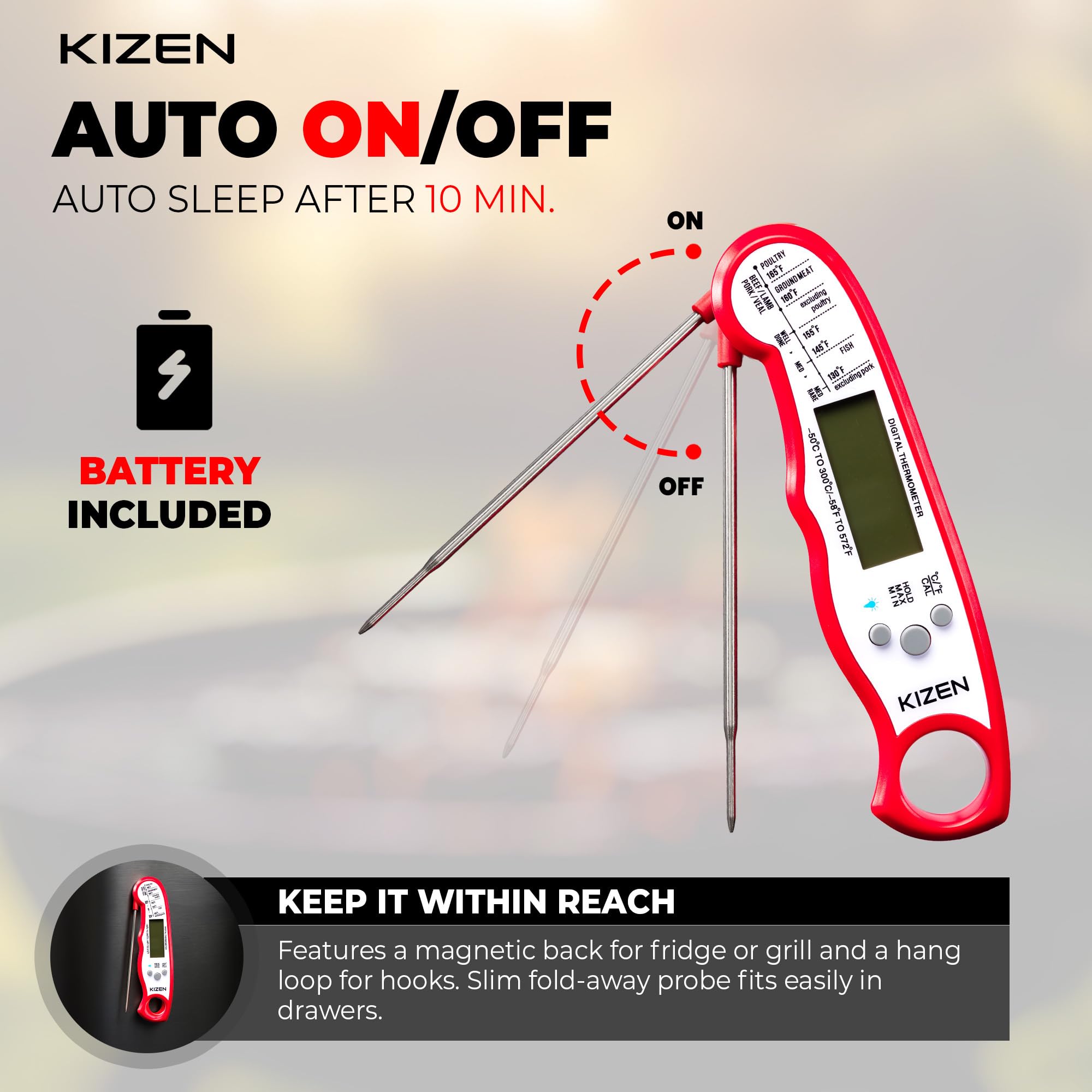KIZEN Instant Read Meat Thermometer Digital - Food Thermometer for Cooking, Grill, Oven, BBQ - IP67 Rated Waterproof - Large Bac