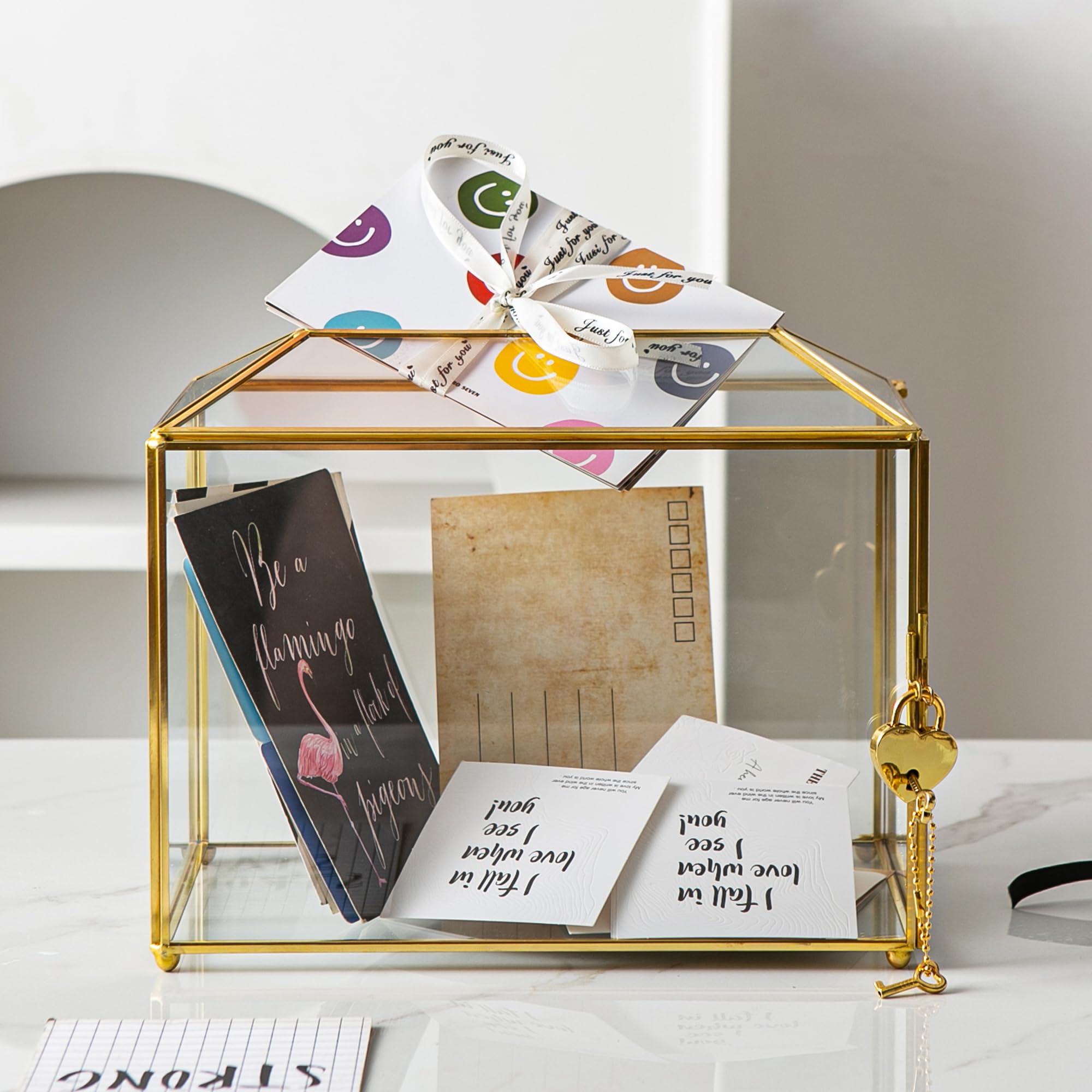 Sanllusit Small 10.2 x 6 x 8 Glass Cards Box with Slot and Lock for Wedding Reception - Home Birthdays Party Geometric Decorativ