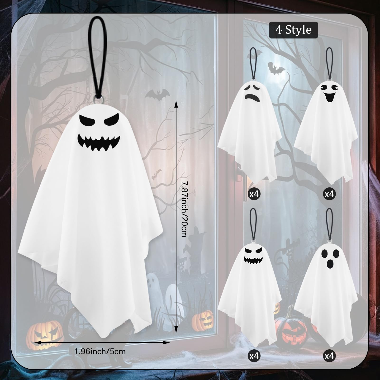 X-Kingsun 16 Pack Halloween Small Ghost Ornaments for Tree 8.27Inch White Ghosts Hanging for Front Yard Porch Patio Lawn Garden