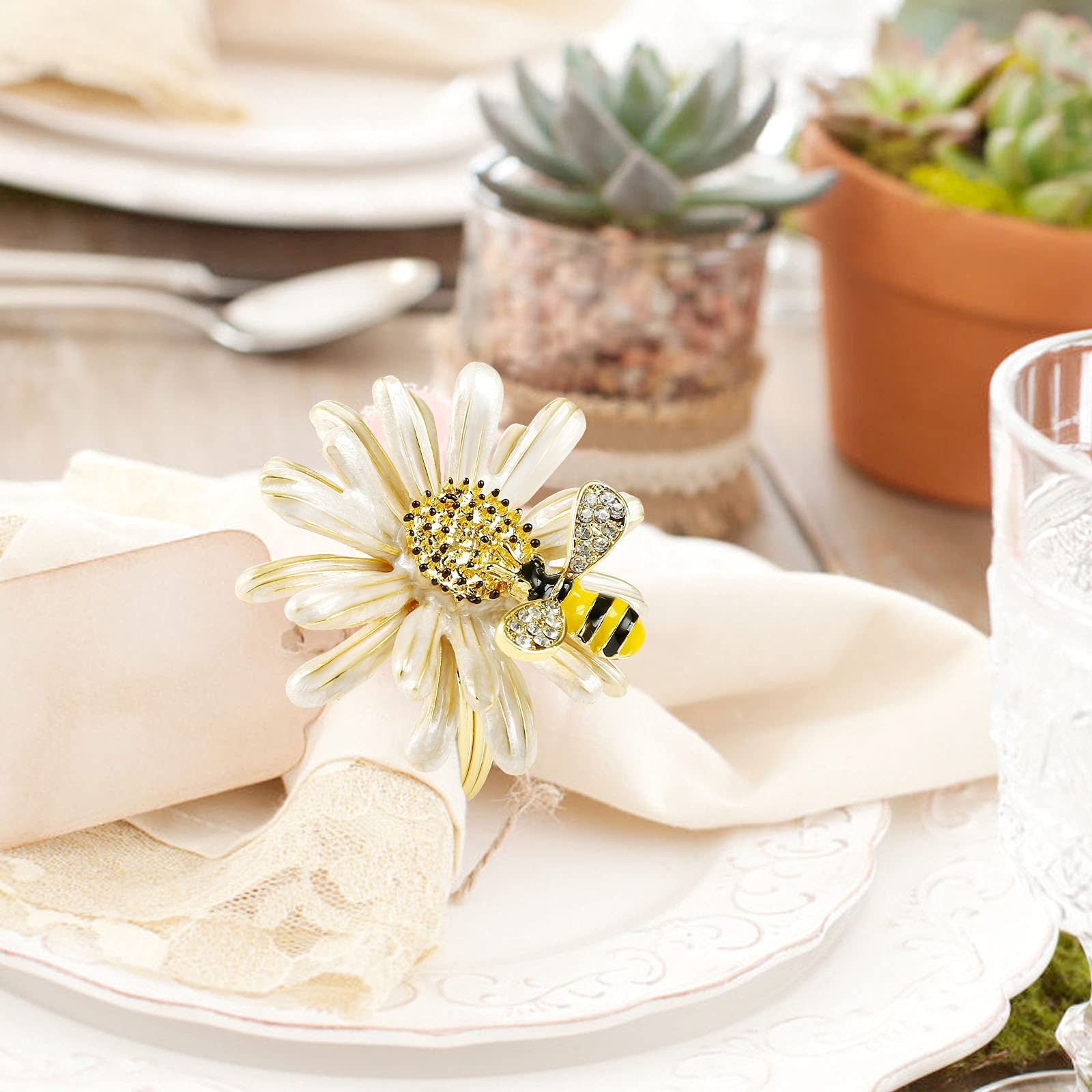 Kesote Daisy Sunflower Napkin Rings Set of 6  Gold Bee Napkin Ring Holders for Formal or Casual Dinning Table Decor