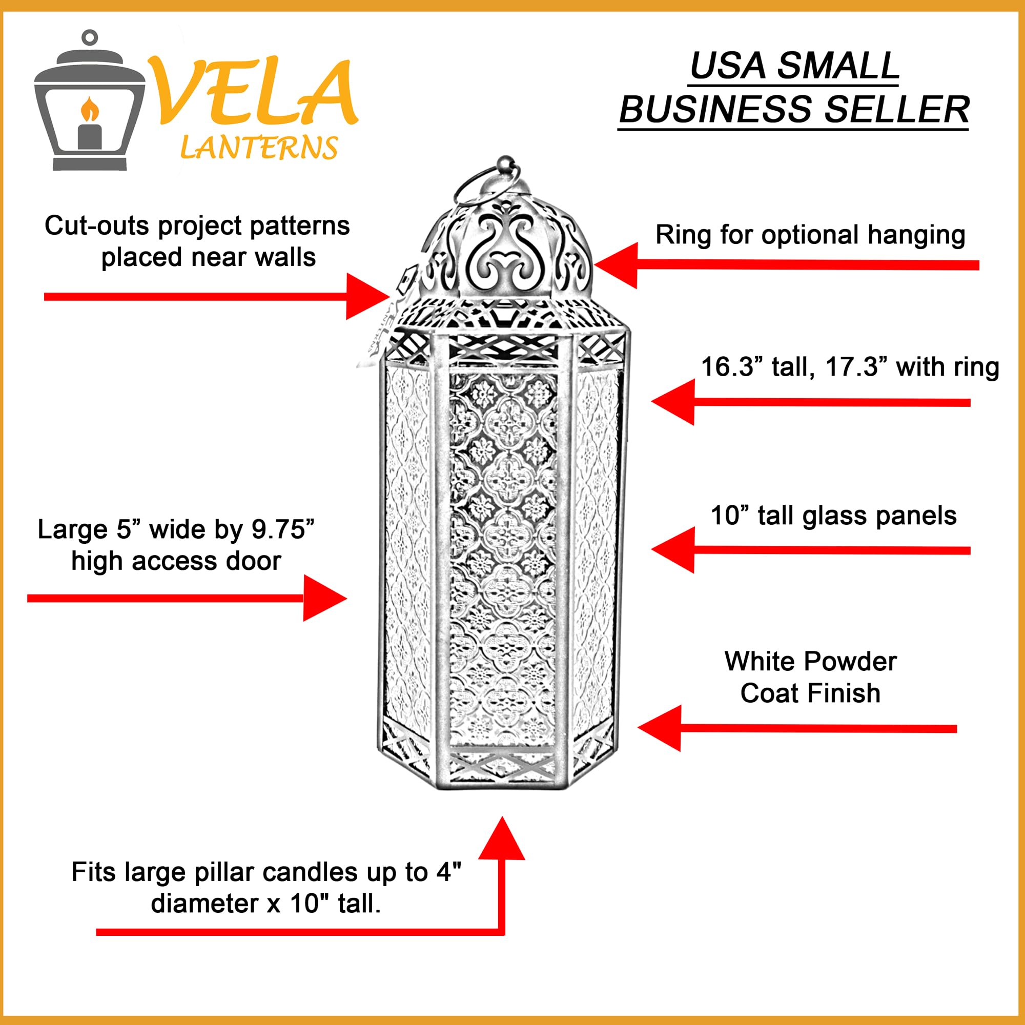 VELA LANTERNS 16 Extra Large Large White Metal Decorative Floor Moroccan Lantern Candle Holder Lamp - Indoor/Outdoor, Home Decor