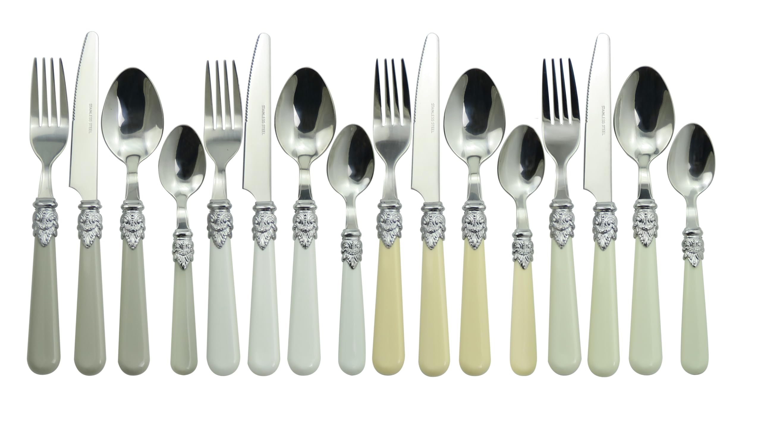 The Original Brink House Baroque Bone Mix & Match Stainless Steel Cutlery Set With Assorted Handles / 16 Pieces With Metal Stand