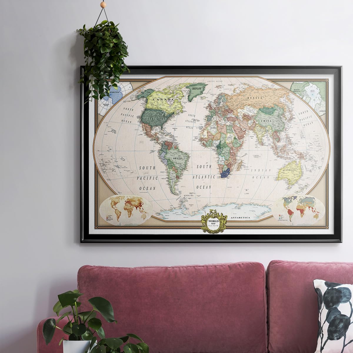 Renditions Gallery Colorful World Map Canvas Wall Art With Black Frame Wall Hanging Travel Map With Push Pins For Home, Office,