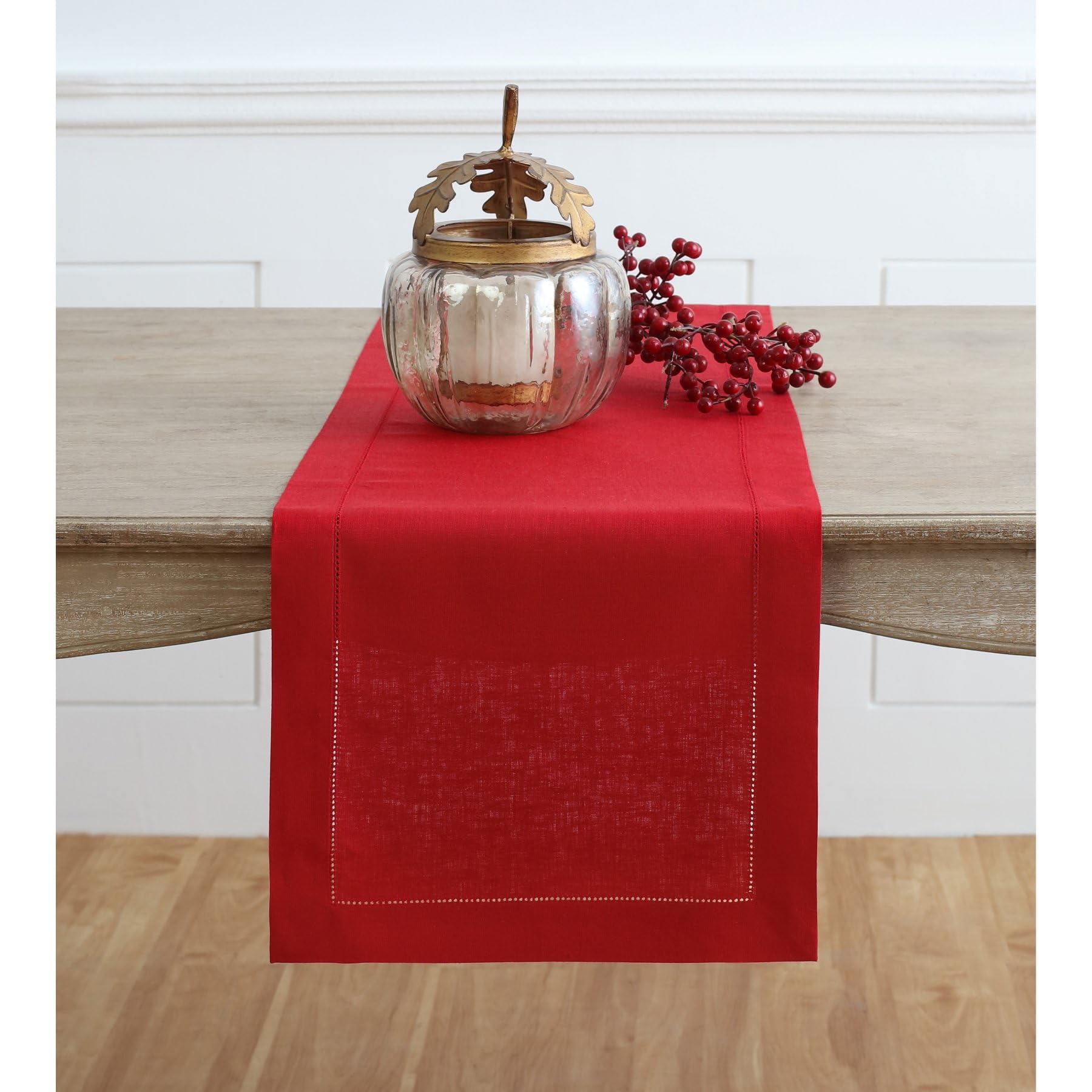 Solino Home Red Linen Table Runner 48 Inch - 100% Pure Linen Classic Hemstitch Christmas Table Runner 14 X 48 Inch - Machine Was