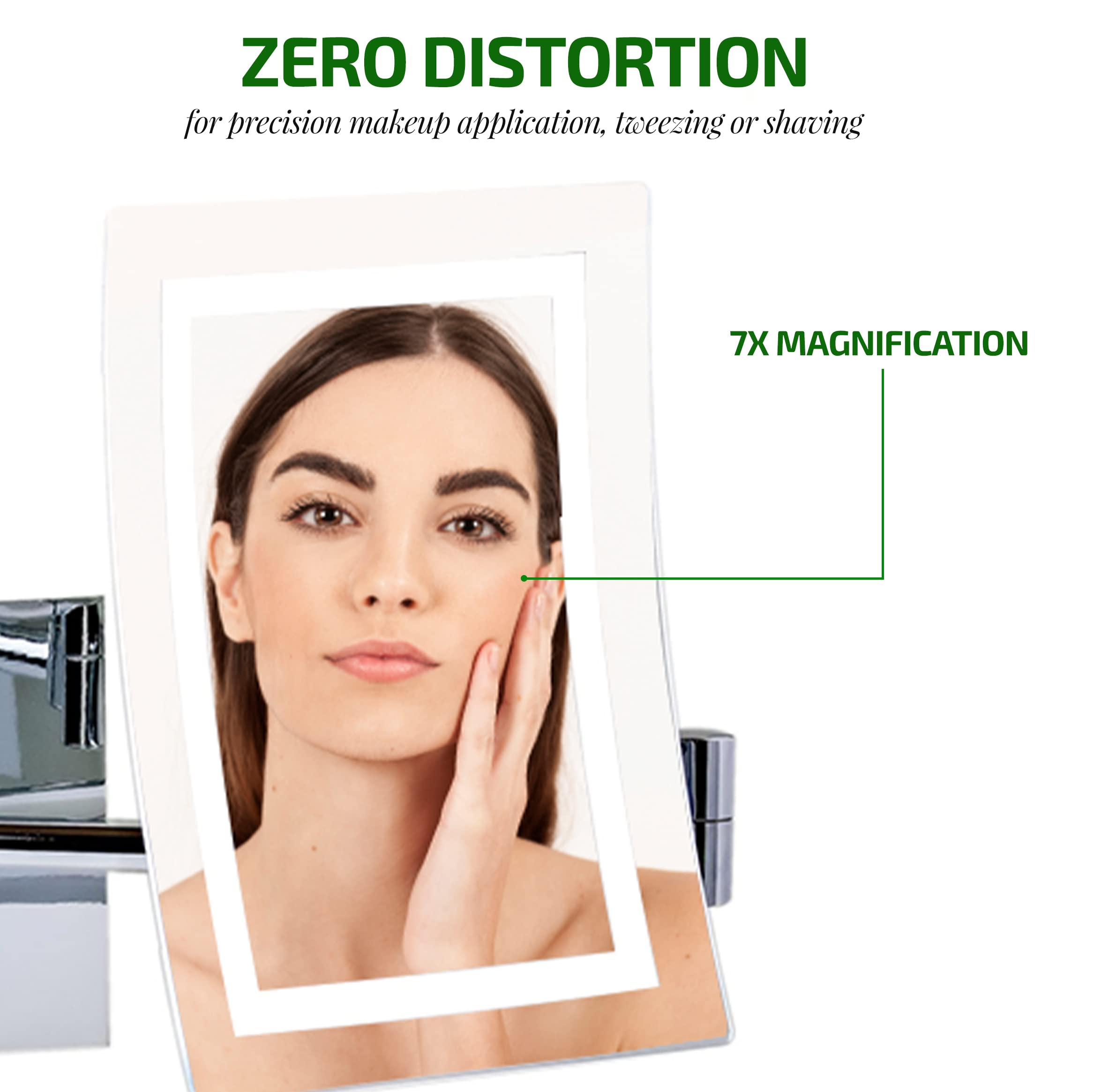 Ovente 7'' Lighted Wall Mount Makeup Mirror, 7X Magnifier, Square White Led W/Dimmer Switch, One Sided Adjustable, Extend & Fold