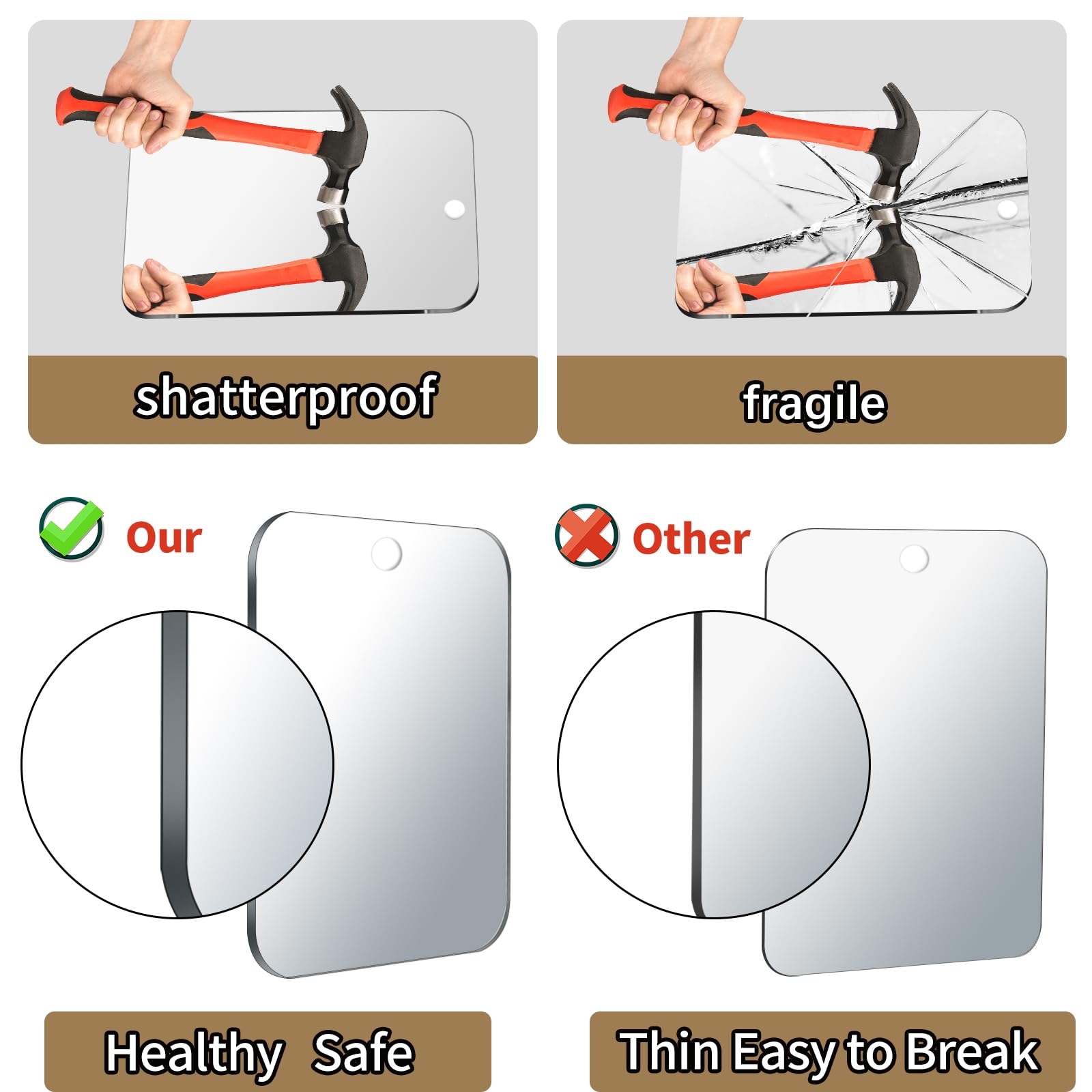 2 Pack Shower Mirror Fogless For Shaving, Larger 10.7X8 Inch Plexiglass Hand Mirror For Shower, Plastic Small Wall Mirror For Tr