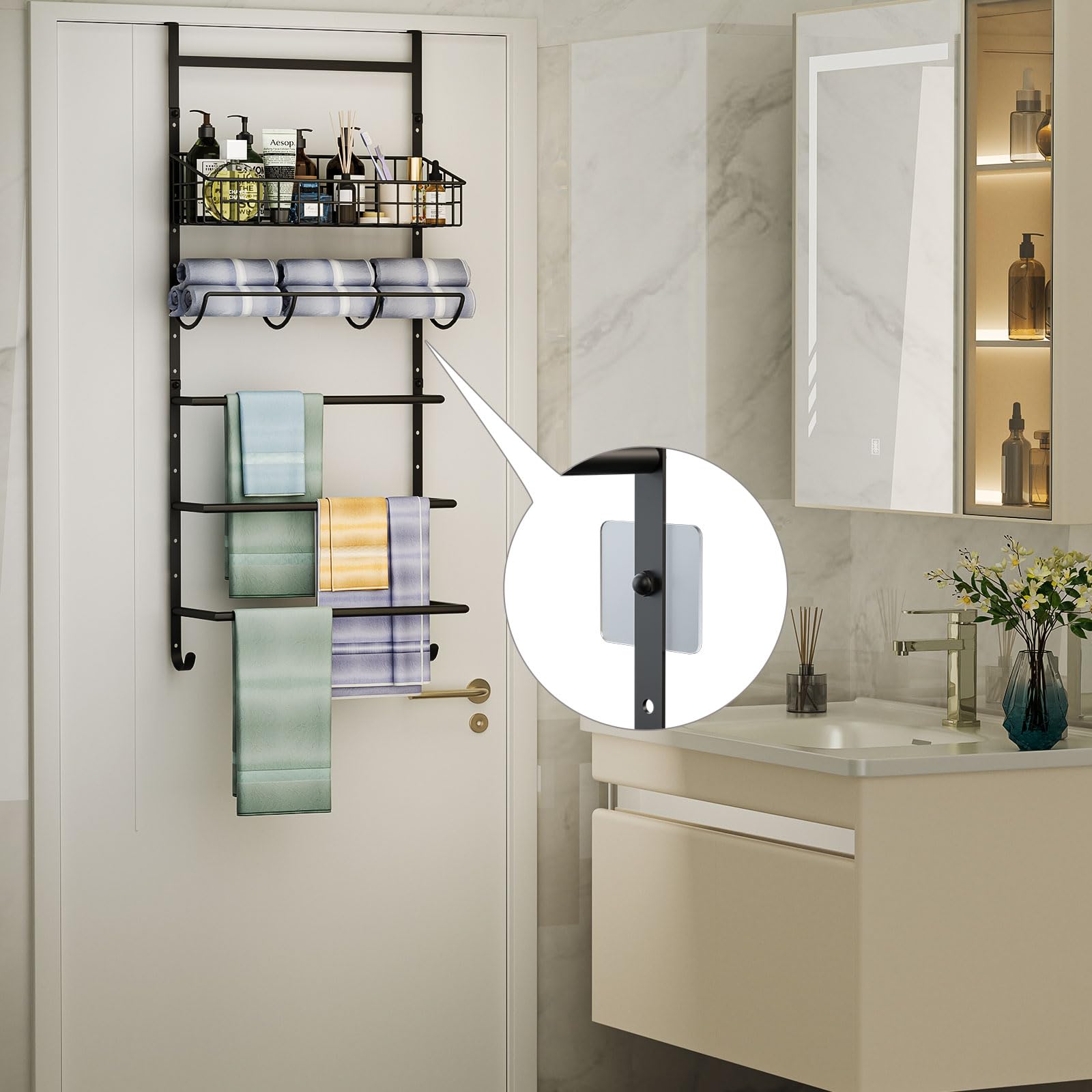 X-Cosrack Adjustable Towel Racks For Bathroom Door Hanging, 5 Tiers Over The Door Towel Rack With Hooks, Bathroom Towel Holder W