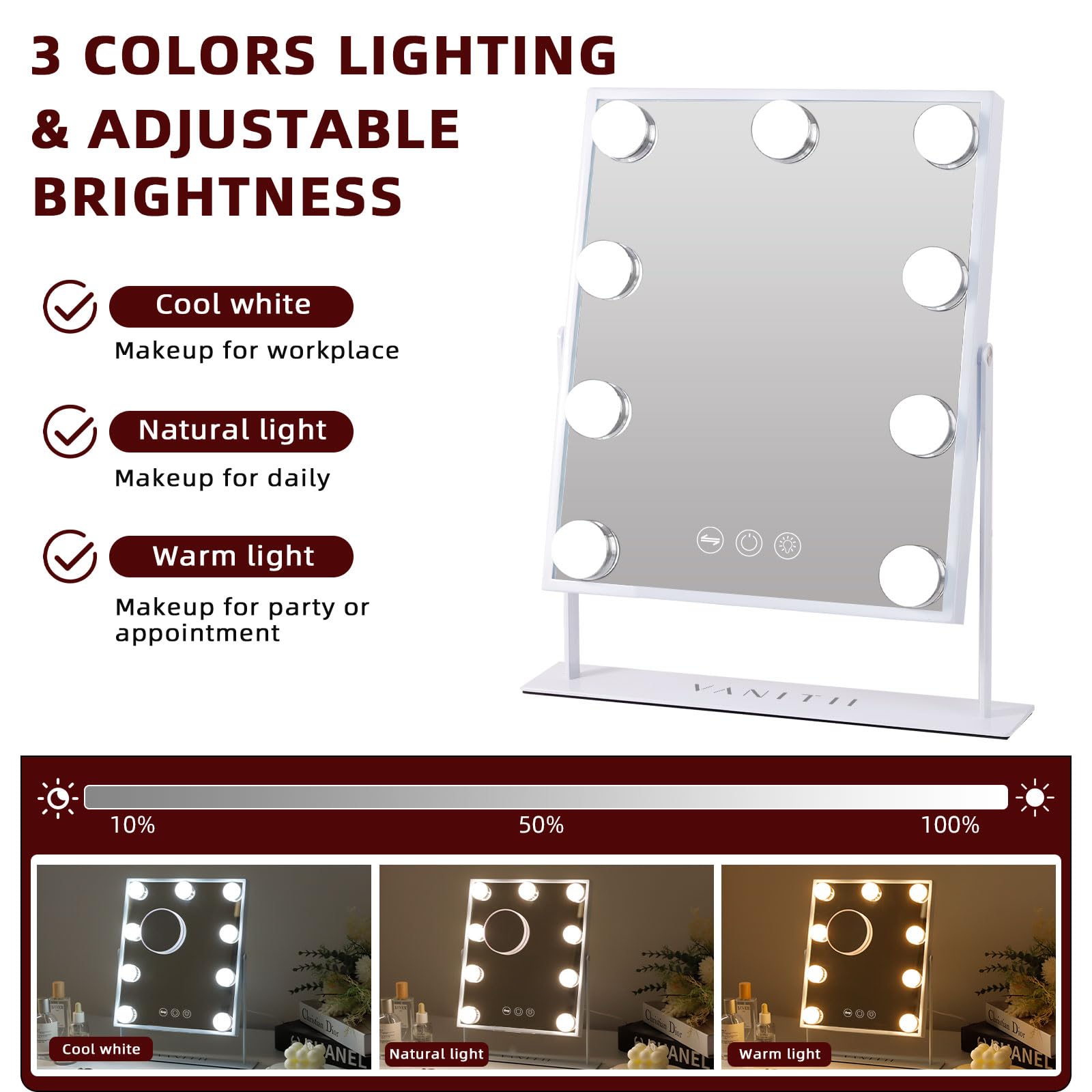 Vanitii Vanity Mirror With Lights Hollywood Lighted Makeup Mirror With 9 Dimmable Bulbs Smart Touch Control 3 Colors Light For B