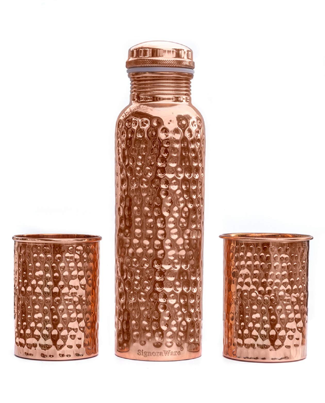 Signora Ware Copper Bottle With 2 Glasses (900 Ml Bottle + 2 Glass 275 Ml, Set Of 3, (Hammered)