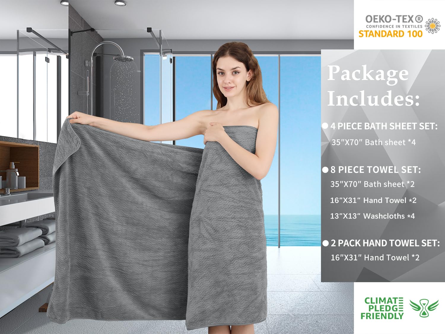 4 Piece Bath Towel Oversized Bath Sheet 35''x70'' Grey Bathroom Towel Extra Large Bath Towel Set Highly Absorbent Quick Dry Premium Towel for Bathroom Spa Gym Hotel 600GSM Shower Towel for Daily Use
