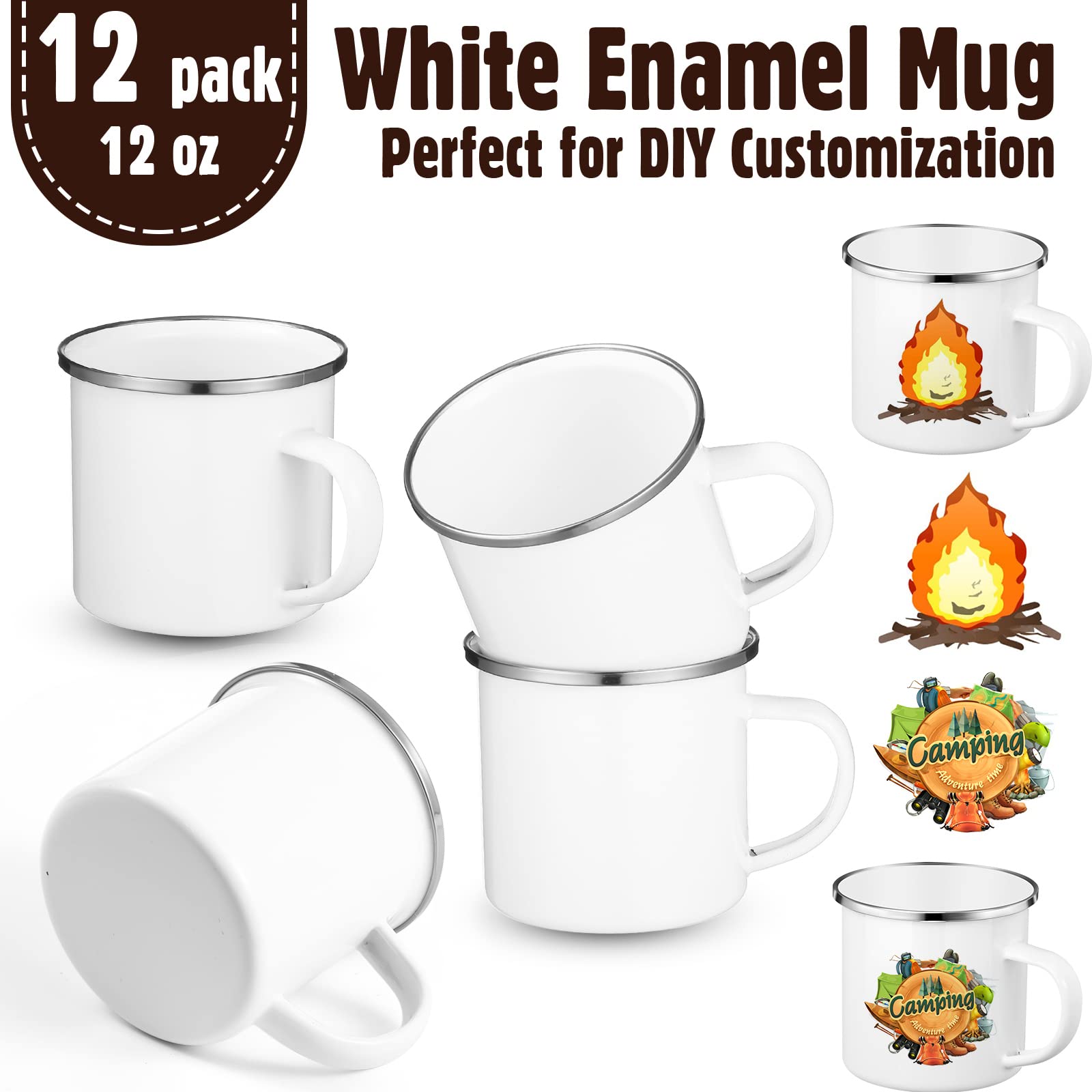 Mimorou 12 Pack Sublimation White Blanks Enamel Coffee Mug Set,12 Oz Camping Outdoor Tea Camp Drinking Cups Travel Metal Skinny
