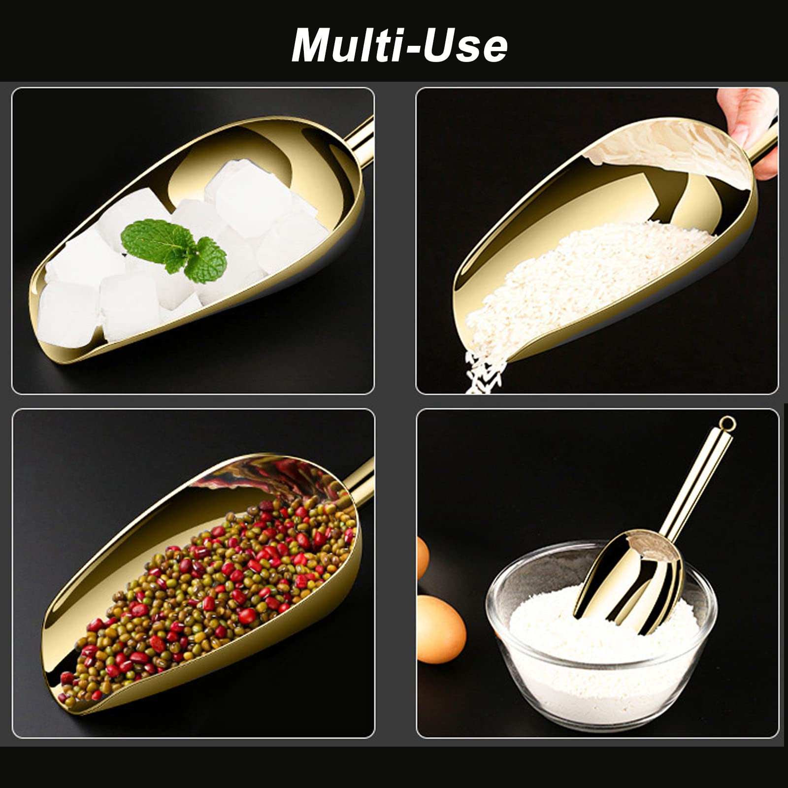 Wafjamf Stainless Steel Ice Scoop, 7 Inch Aluminum Small Food Scoops Round Bottom For Bar Ice Cube Candy Flour Coffee Bean, Gold