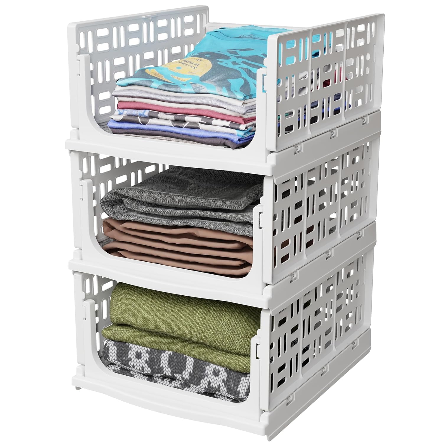 Gopi Wardrobe Storage Organiser, Plastic Clothes Organizer For Cupboard, Large, White, Pack Of 3