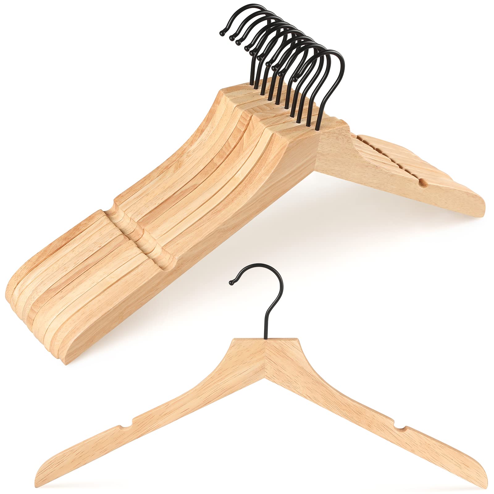 Topia Hanger Rubber Wood Hangers, Wooden Clothes Hangers With Rotatable Black Hook And Smooth Cut Nothces, Set Of 12 Durable And